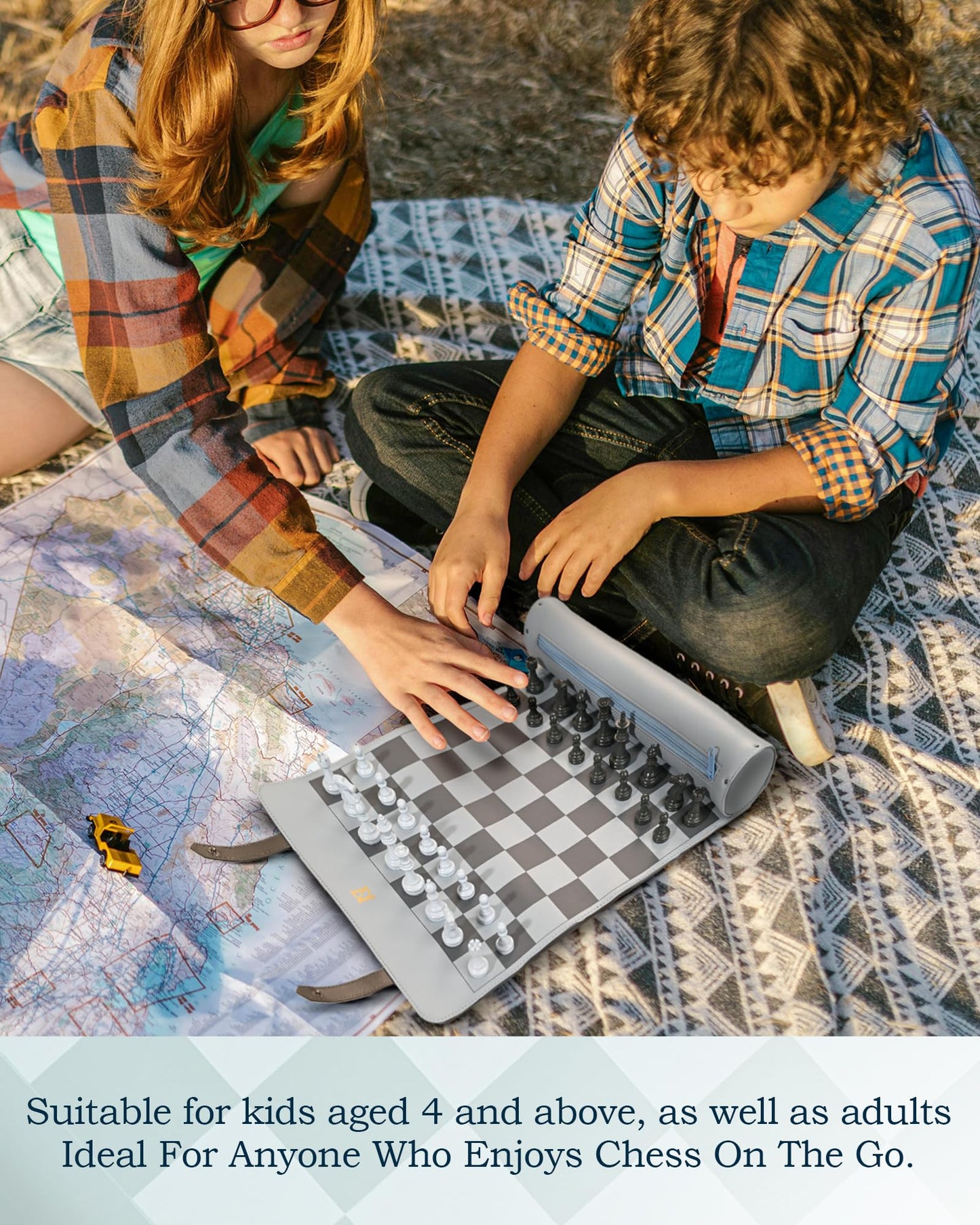 DN DECONATION Portable Travel Chess Set – Roll-Up Leather Board with Resin Pieces