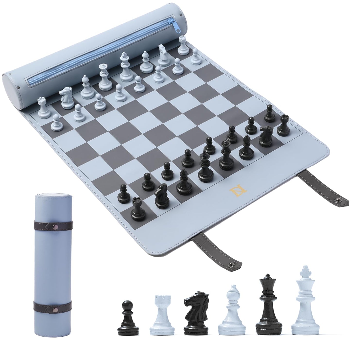 DN DECONATION Portable Travel Chess Set – Roll-Up Leather Board with Resin Pieces