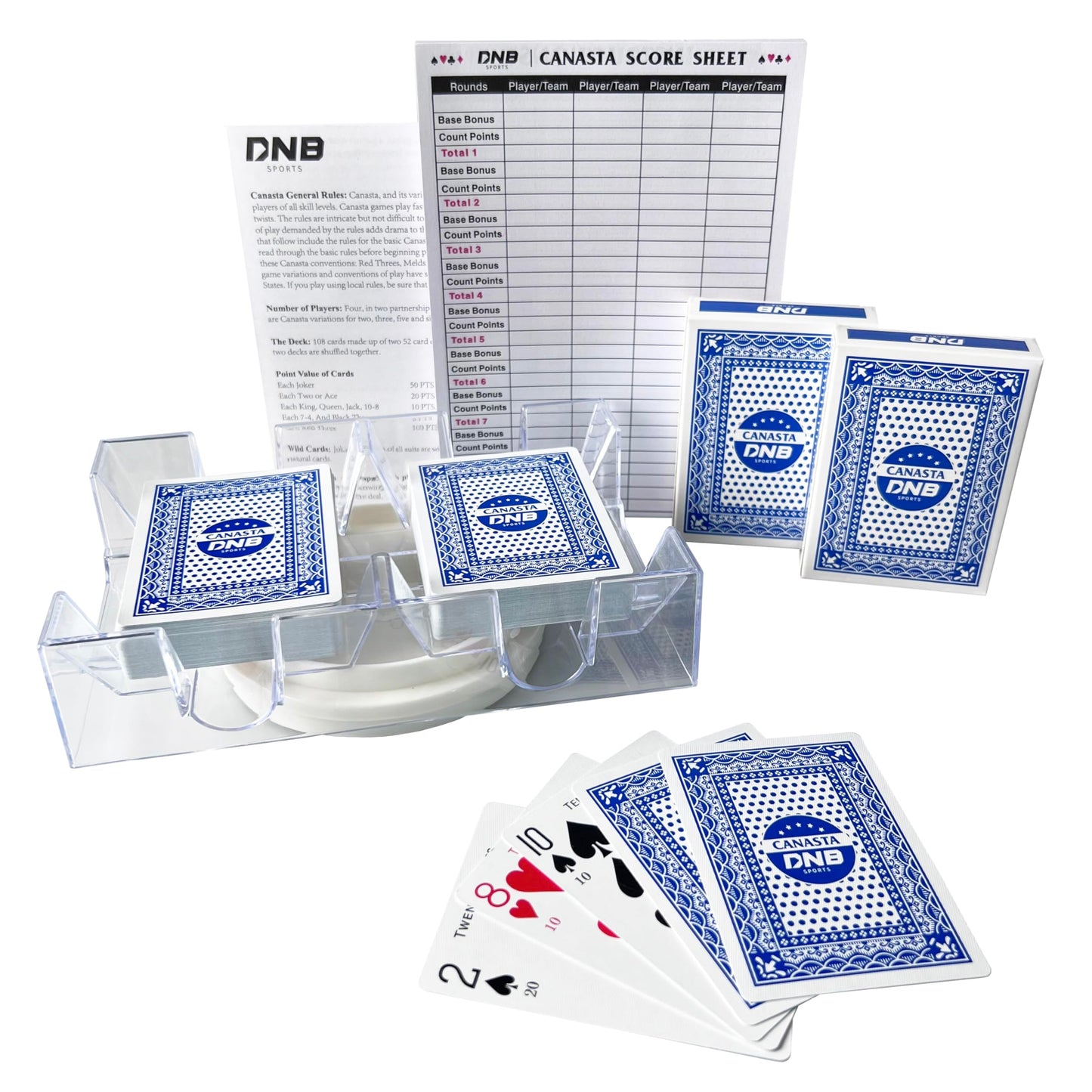 DNB SPORTS Canasta Card Game Set – 2 Blue Decks, Rotating Tray, 50-Page Score Pad