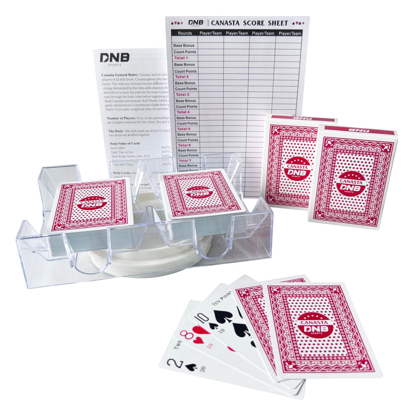 DNB SPORTS Canasta Card Game Set – 2 Red-Back Decks, Revolving Tray, Score Pad & Instructions