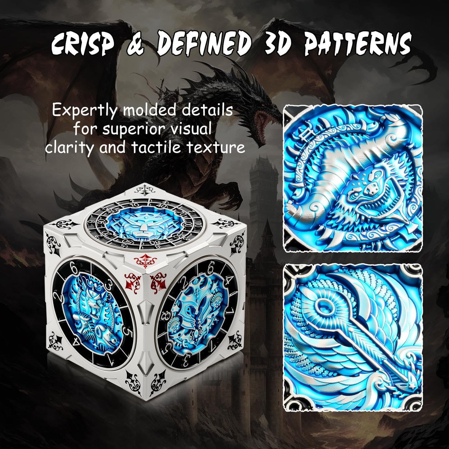 DNDND 7-in-1 Spinner Dice Cube – Goristro & Couatl Edition (Silver & Blue) | D&D Collector’s Set