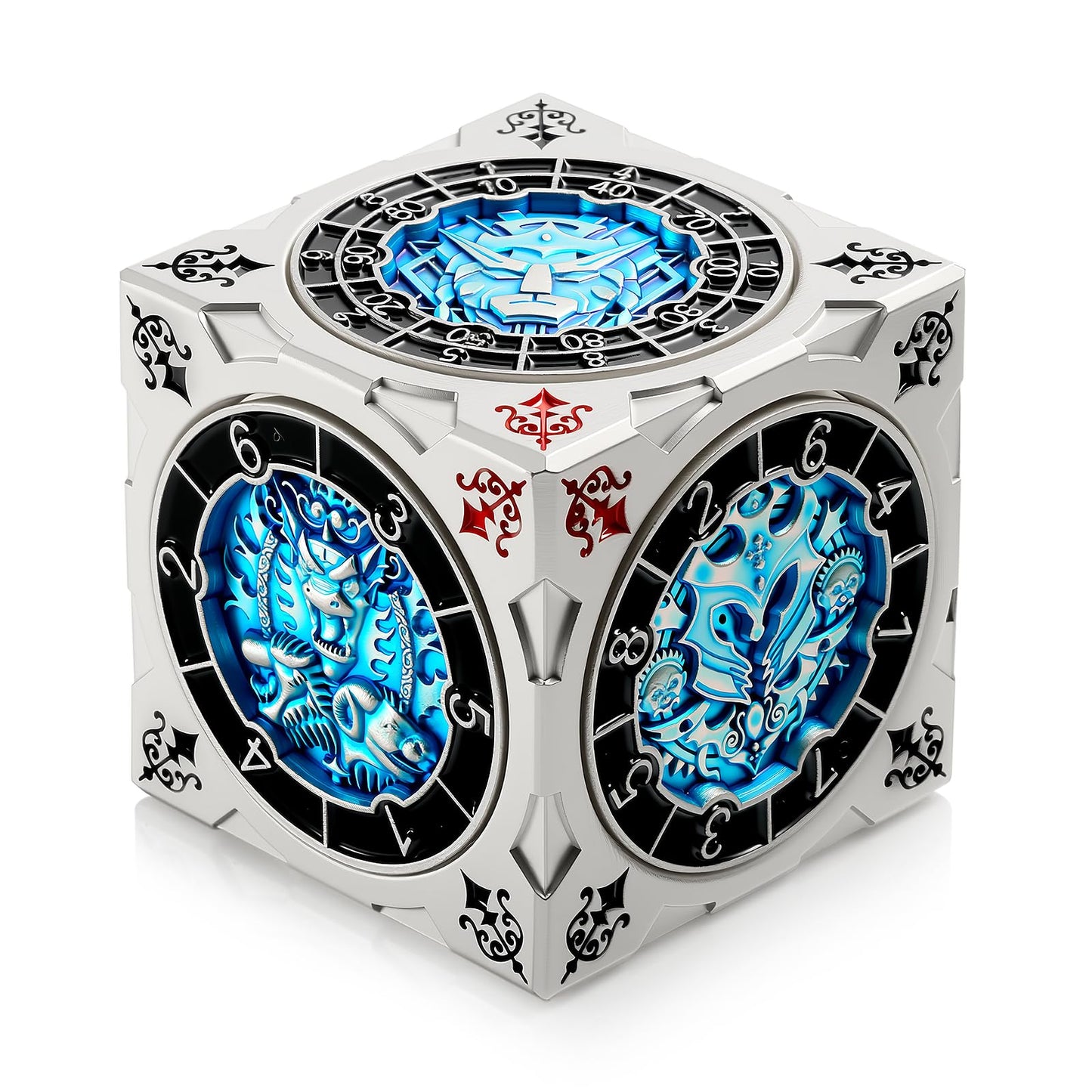 DNDND 7-in-1 Spinner Dice Cube – Goristro & Couatl Edition (Silver & Blue) | D&D Collector’s Set