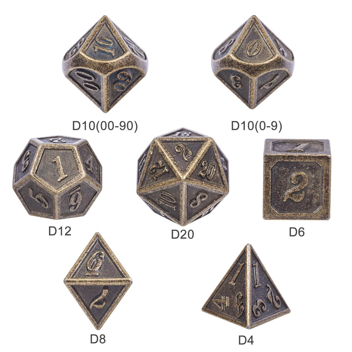 DNDND Ancient Design Brass Dice Set – 7-Piece Metal D&D Dice with Box