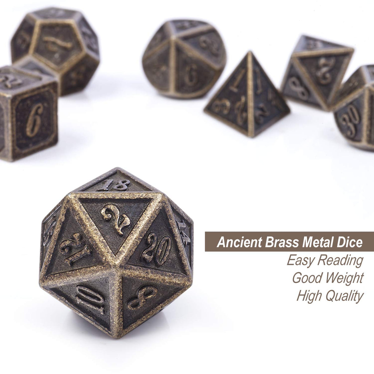 DNDND Ancient Design Brass Dice Set – 7-Piece Metal D&D Dice with Box