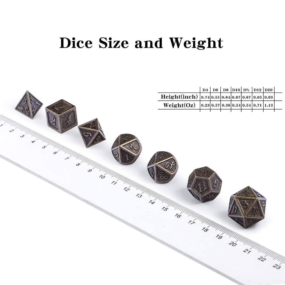 DNDND Ancient Design Brass Dice Set – 7-Piece Metal D&D Dice with Box