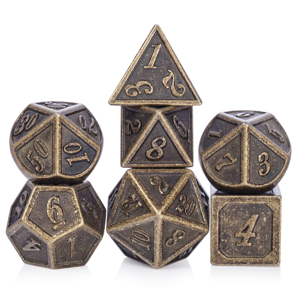 DNDND Ancient Design Brass Dice Set – 7-Piece Metal D&D Dice with Box