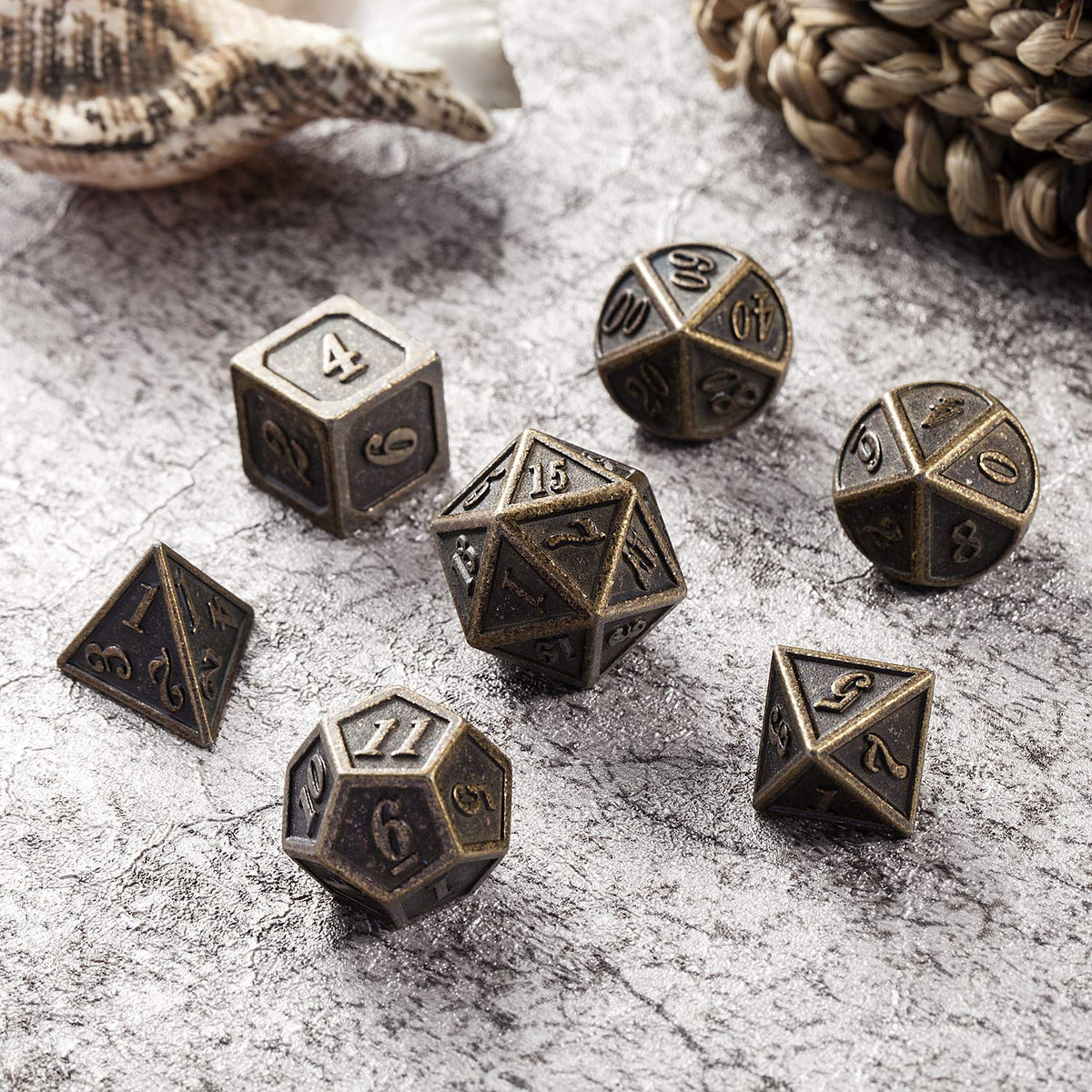 DNDND Ancient Design Brass Dice Set – 7-Piece Metal D&D Dice with Box