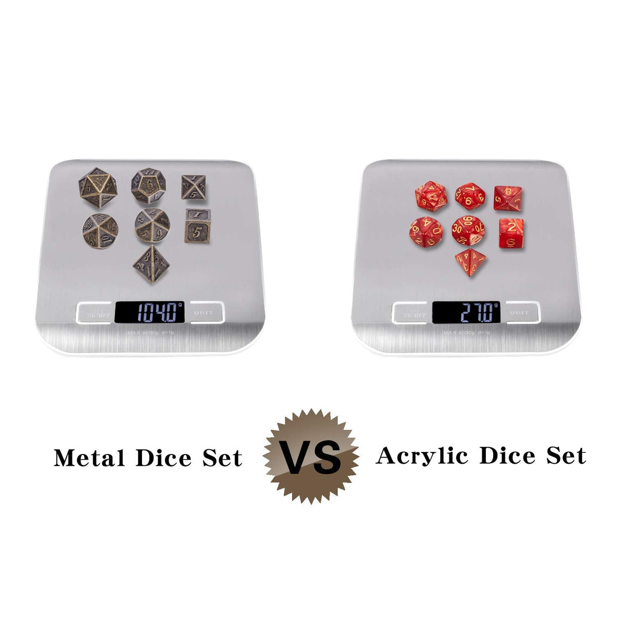 DNDND Ancient Design Brass Dice Set – 7-Piece Metal D&D Dice with Box