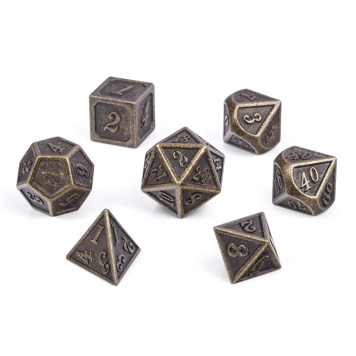 DNDND Ancient Design Brass Dice Set – 7-Piece Metal D&D Dice with Box