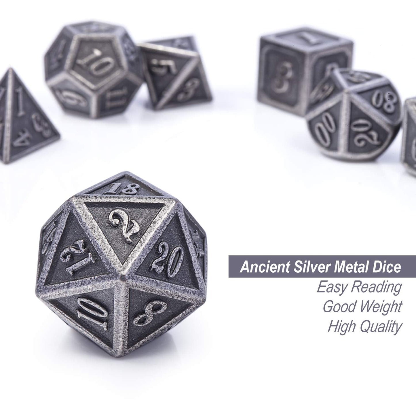 DnDnD Ancient Silver Metal DND Dice Set — 7-Piece Metal Dice with Case for D&D & Tabletop RPGs