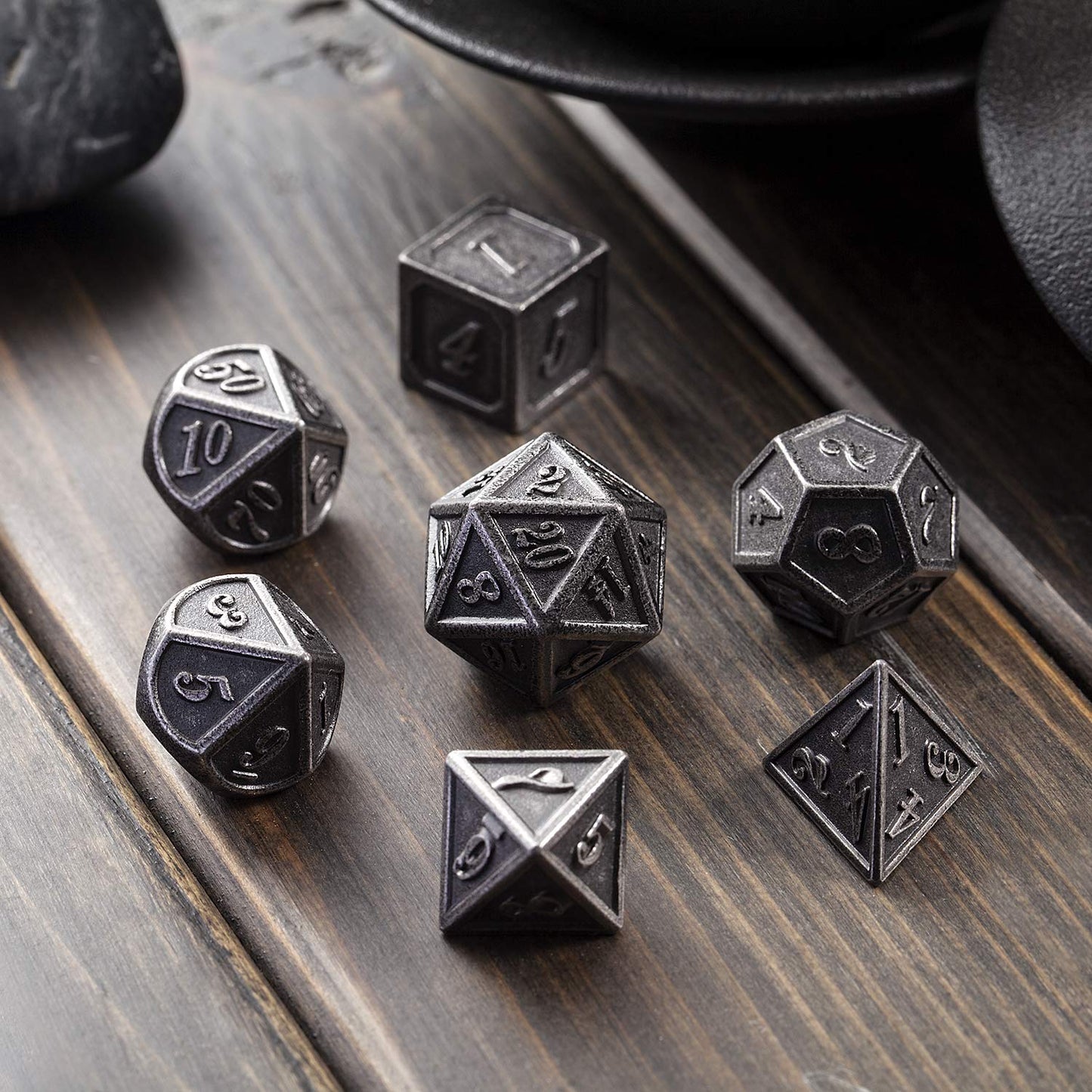 DnDnD Ancient Silver Metal DND Dice Set — 7-Piece Metal Dice with Case for D&D & Tabletop RPGs