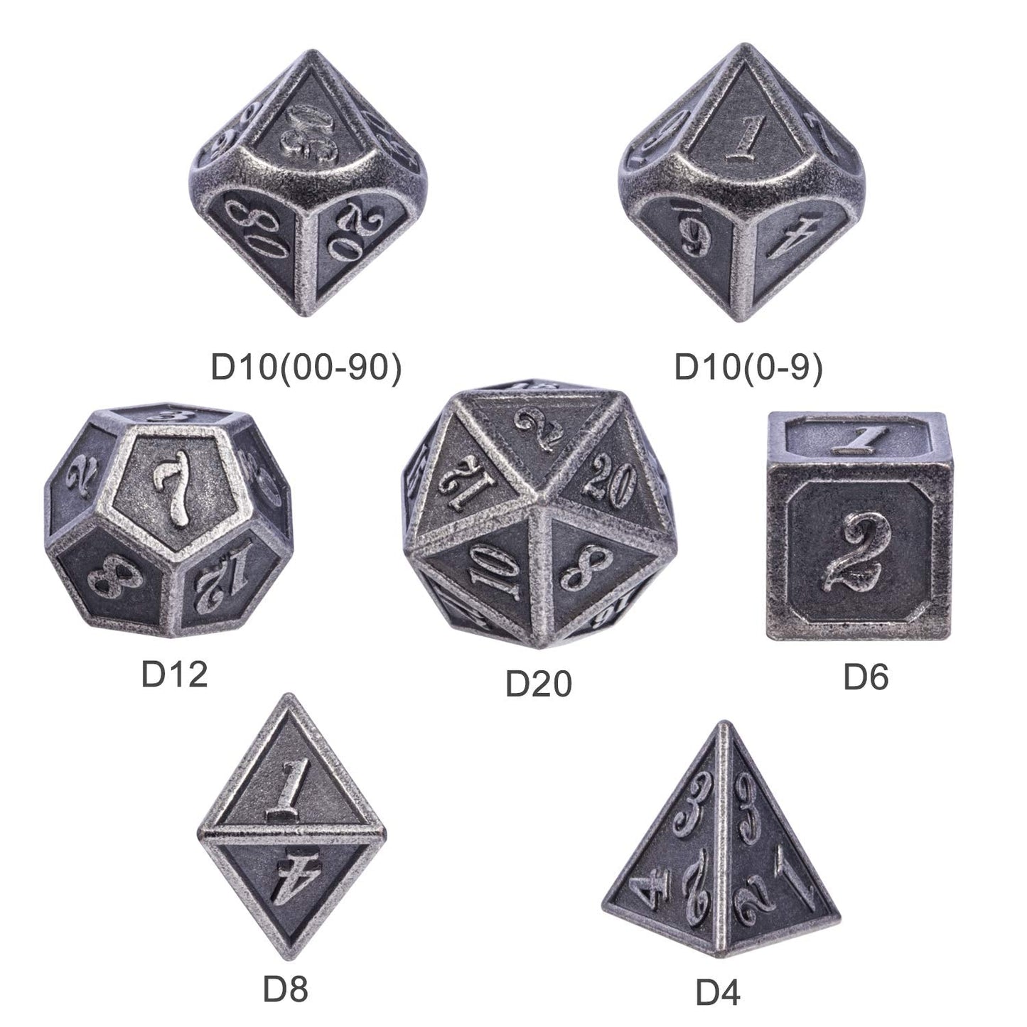 DnDnD Ancient Silver Metal DND Dice Set — 7-Piece Metal Dice with Case for D&D & Tabletop RPGs