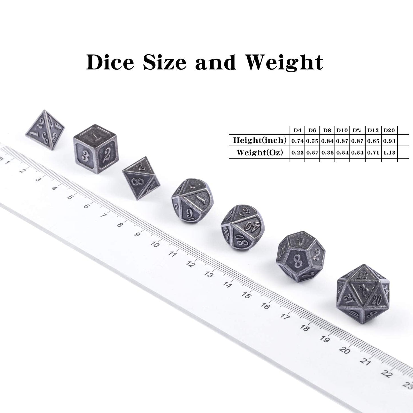 DnDnD Ancient Silver Metal DND Dice Set — 7-Piece Metal Dice with Case for D&D & Tabletop RPGs