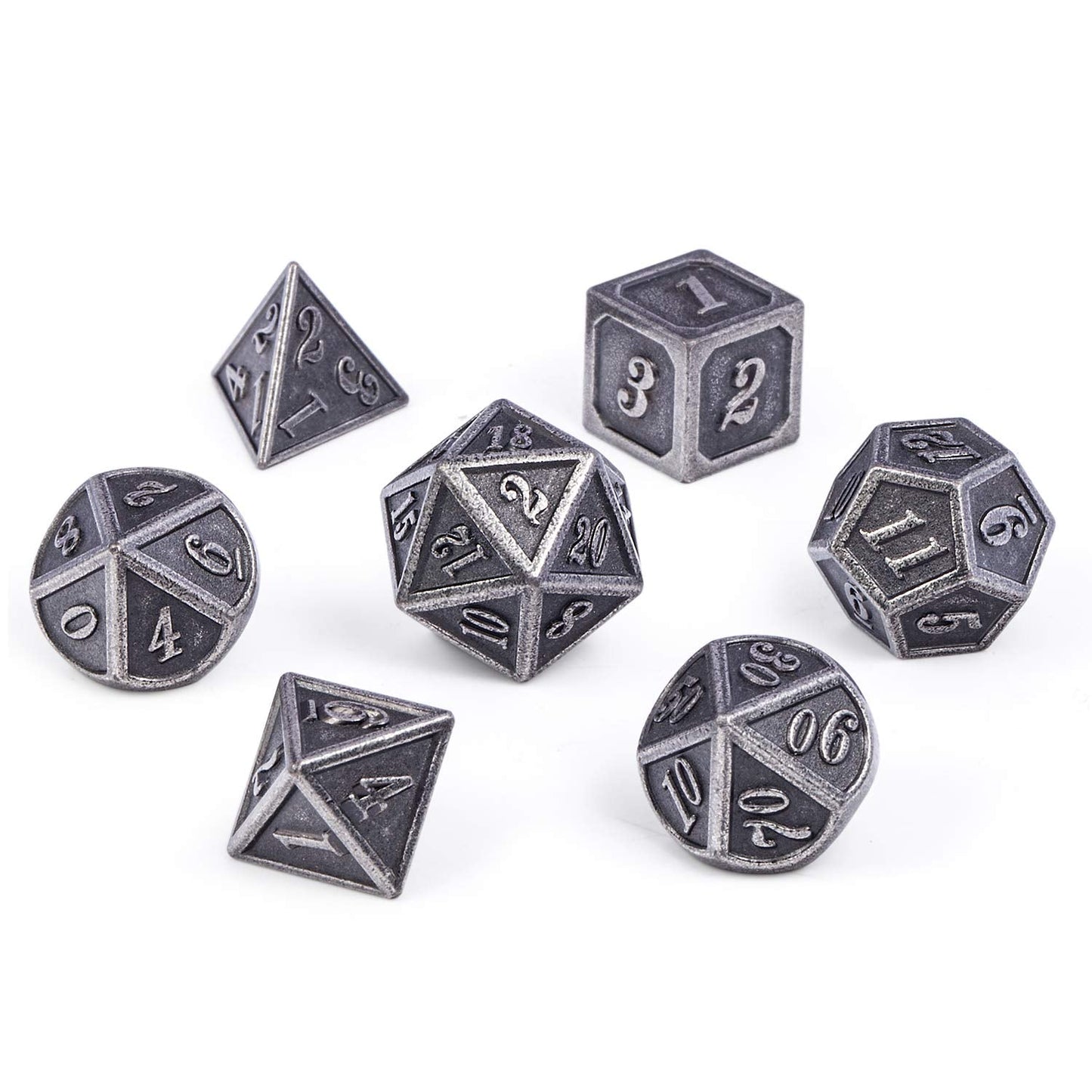 DnDnD Ancient Silver Metal DND Dice Set — 7-Piece Metal Dice with Case for D&D & Tabletop RPGs