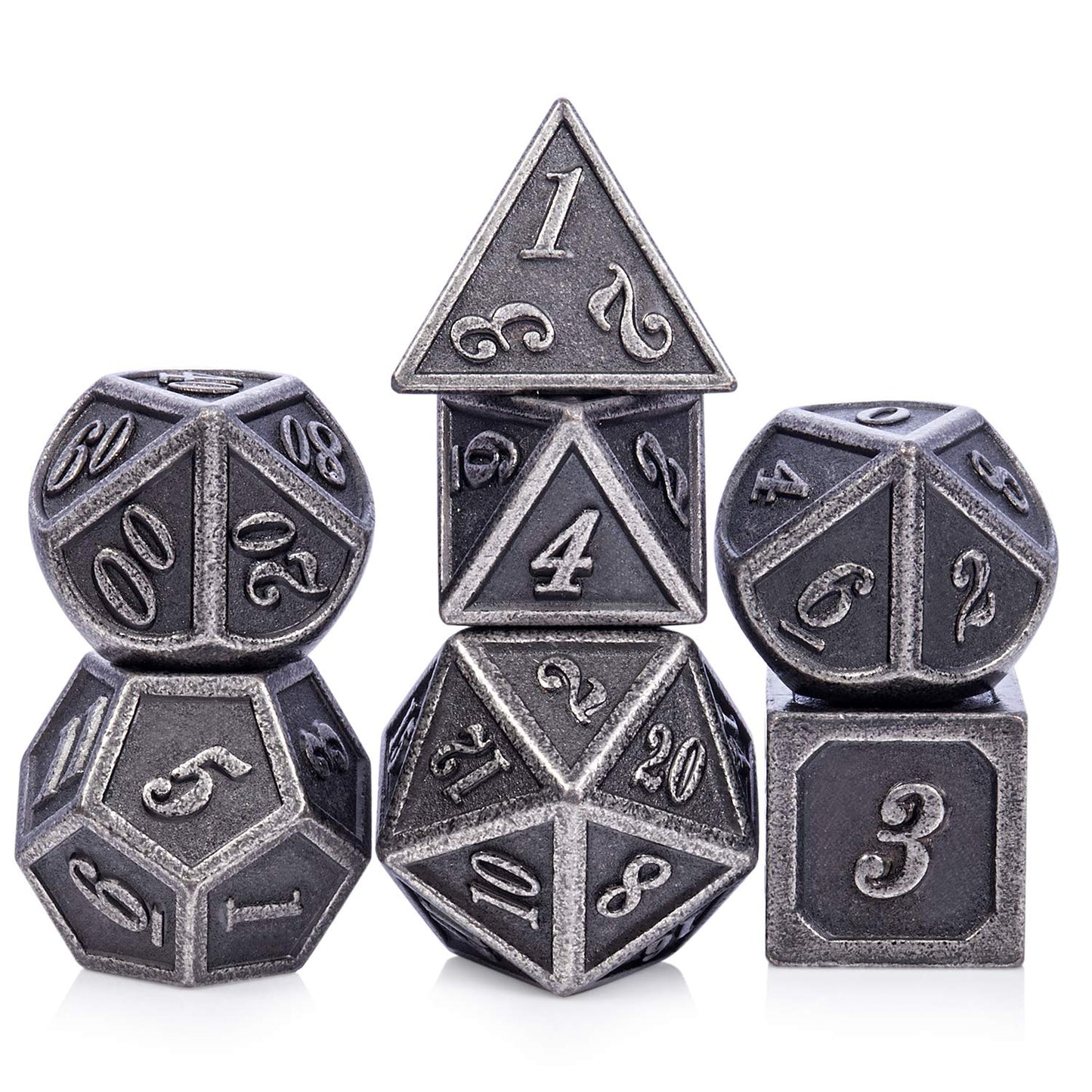 DnDnD Ancient Silver Metal DND Dice Set — 7-Piece Metal Dice with Case for D&D & Tabletop RPGs