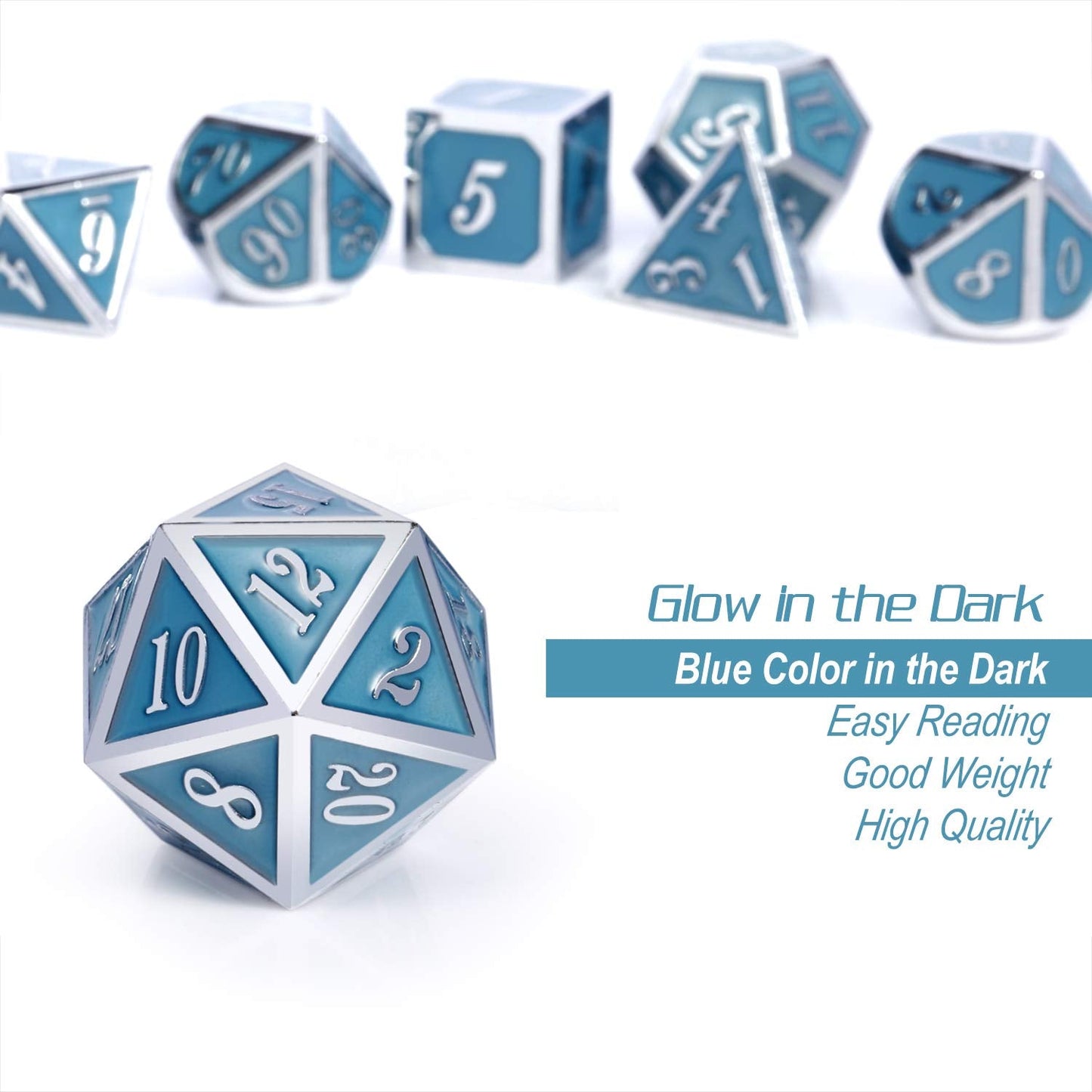 DNDND Glowing Blue Metal Dice Set – Heavy, Luminous RPG Dice for D&D & More