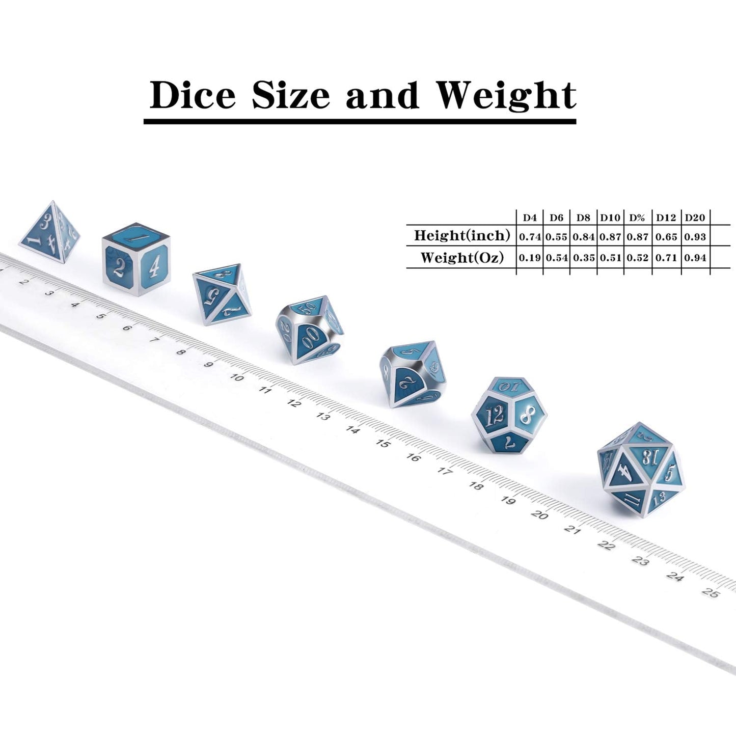 DNDND Glowing Blue Metal Dice Set – Heavy, Luminous RPG Dice for D&D & More