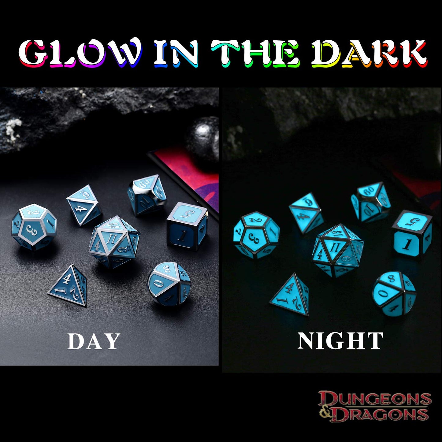 DNDND Glowing Blue Metal Dice Set – Heavy, Luminous RPG Dice for D&D & More