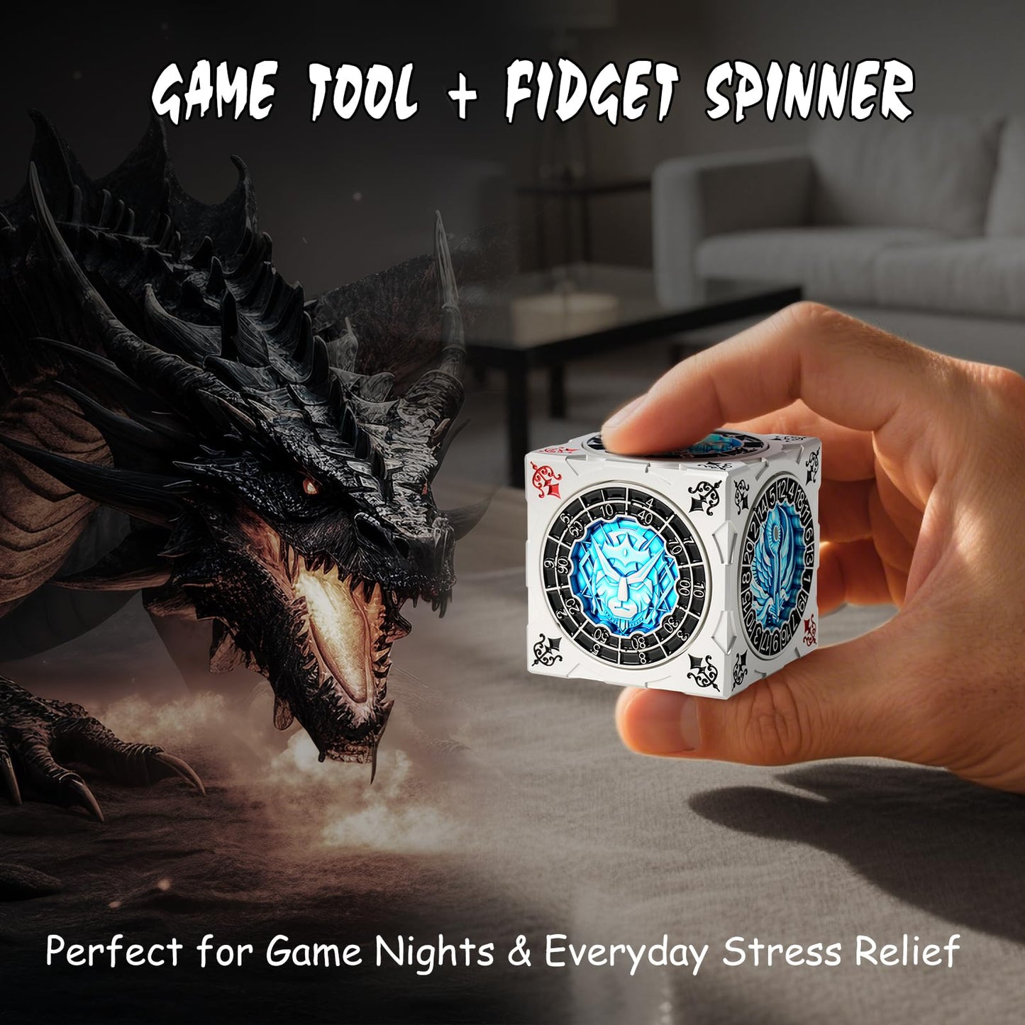 DNDND 7-in-1 Spinner Dice Cube – Goristro & Couatl Edition (Silver & Blue) | D&D Collector’s Set
