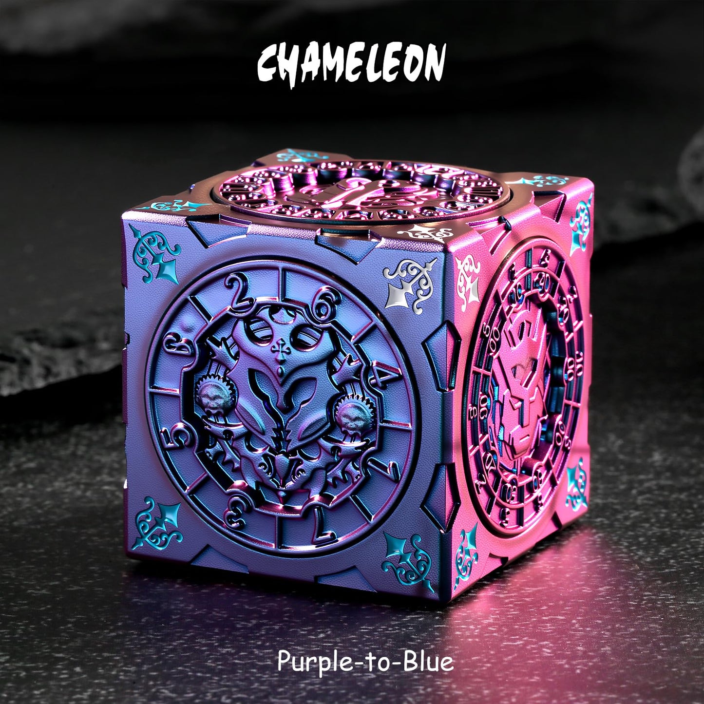 DNDND Purple-Blue Chameleon Spinner Dice – Color-Shifting Monster Cube for TTRPGs