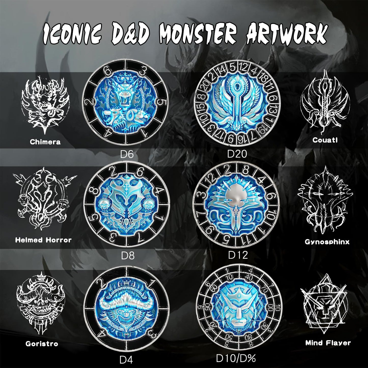 DNDND 7-in-1 Spinner Dice Cube – Goristro & Couatl Edition (Silver & Blue) | D&D Collector’s Set