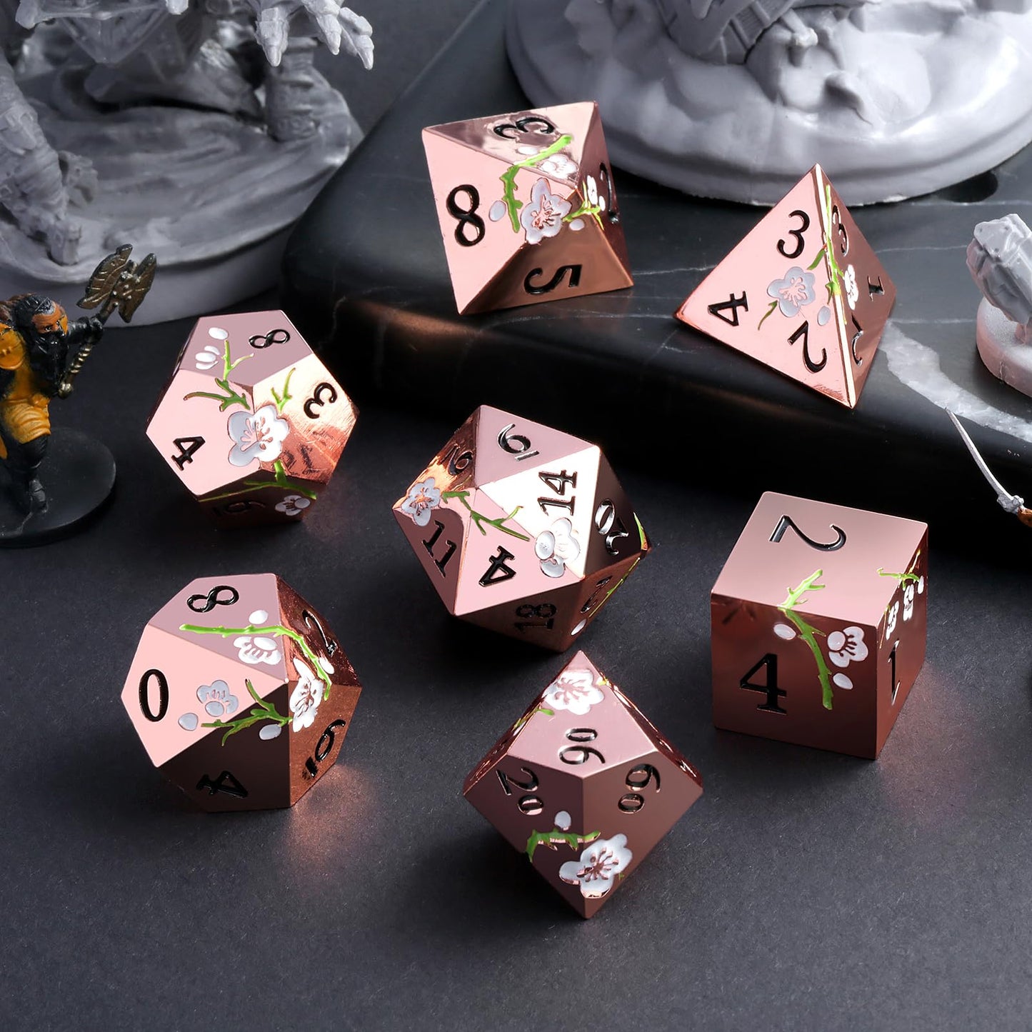 DNDND Flower Metal Dice Set – 7-Piece Gold & White D&D Dice with Gift Case