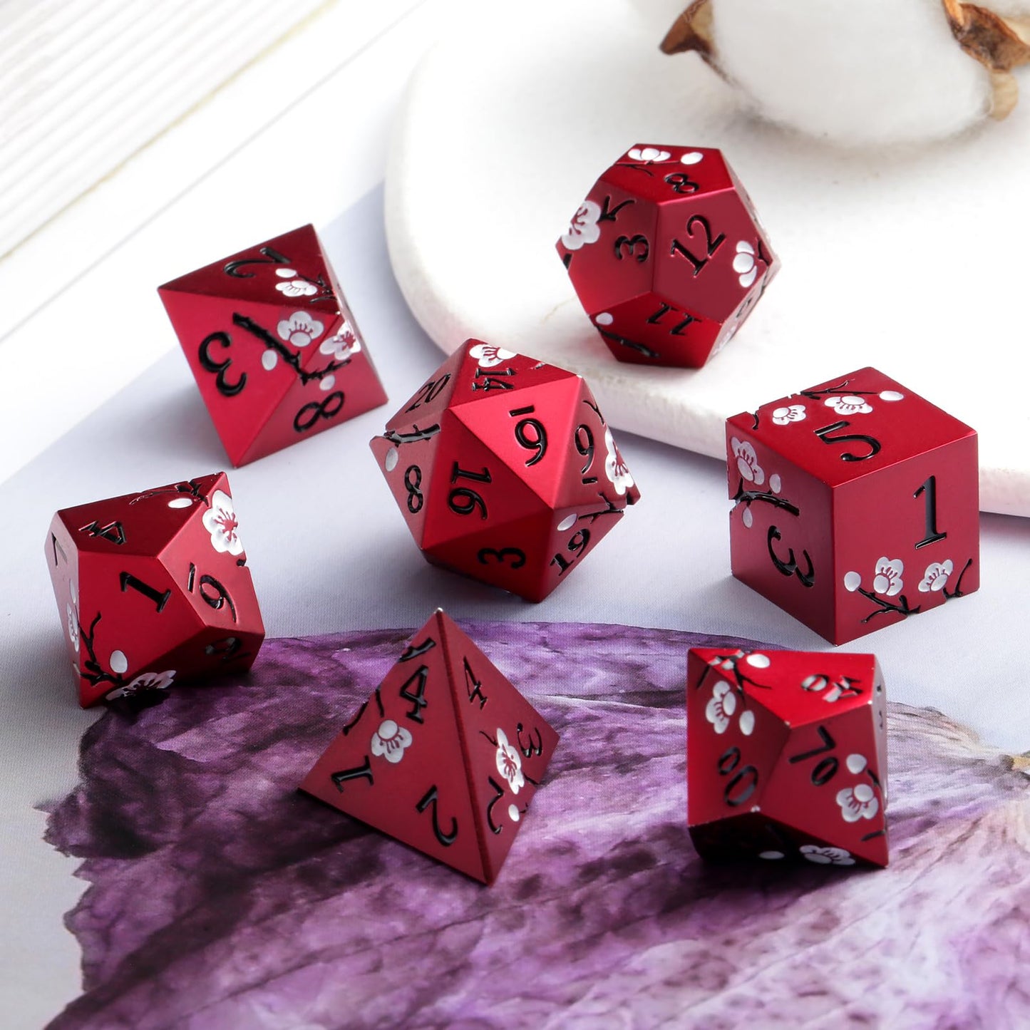 DNDND Matt Red Flower Metal Dice Set – 7-Piece Heavy D&D Dice with Gift Case