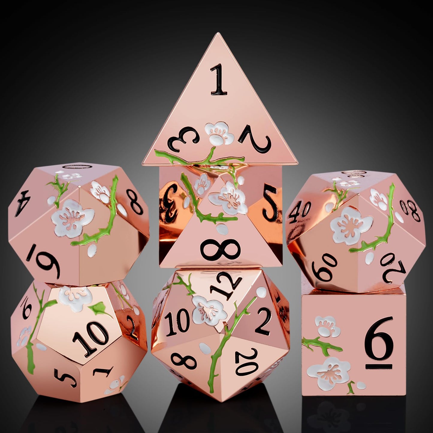 DNDND Flower Metal Dice Set – 7-Piece Gold & White D&D Dice with Gift Case