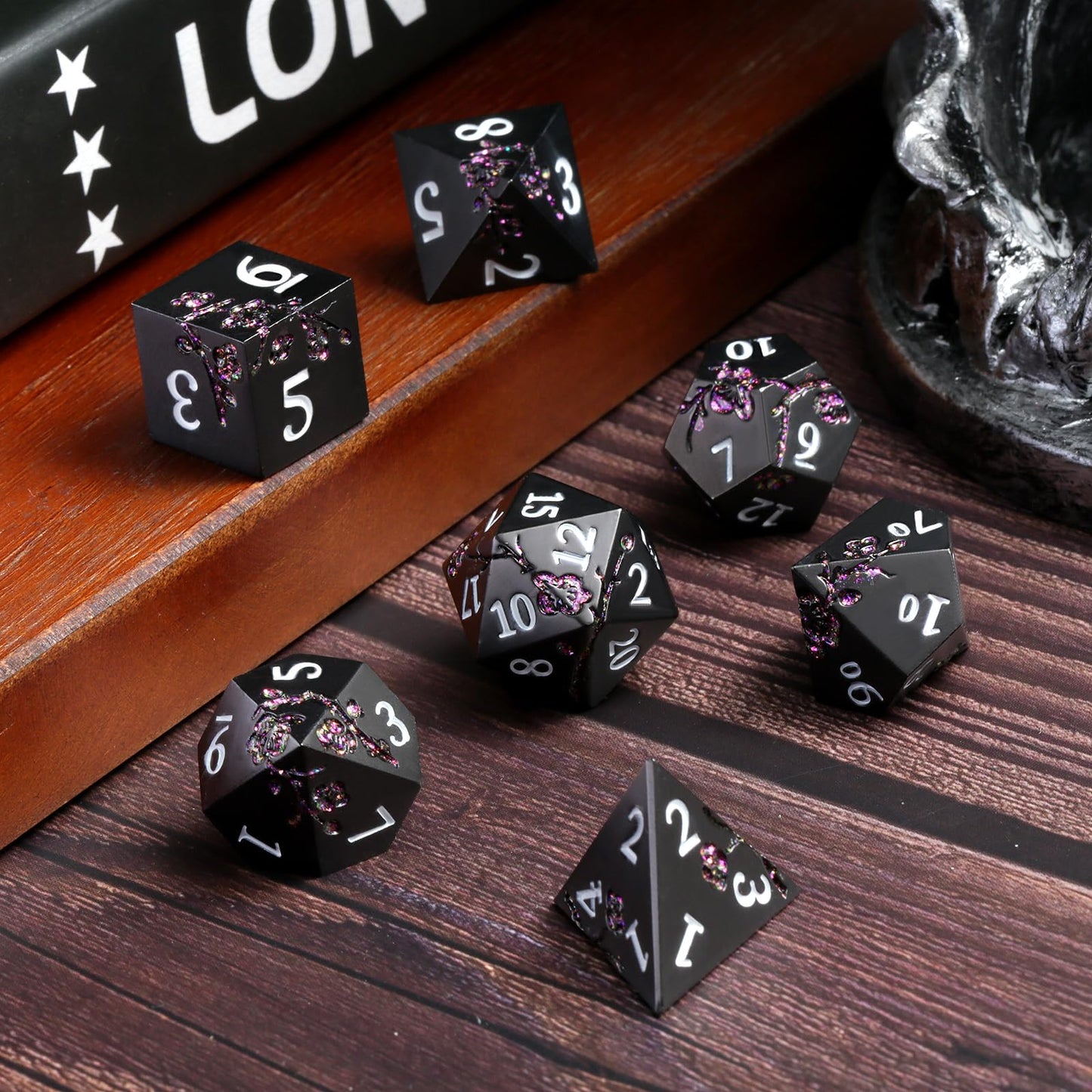 DNDND Glitter Purple Flower Metal D&D Dice Set – 7-Piece with Gift Case | Matte Black
