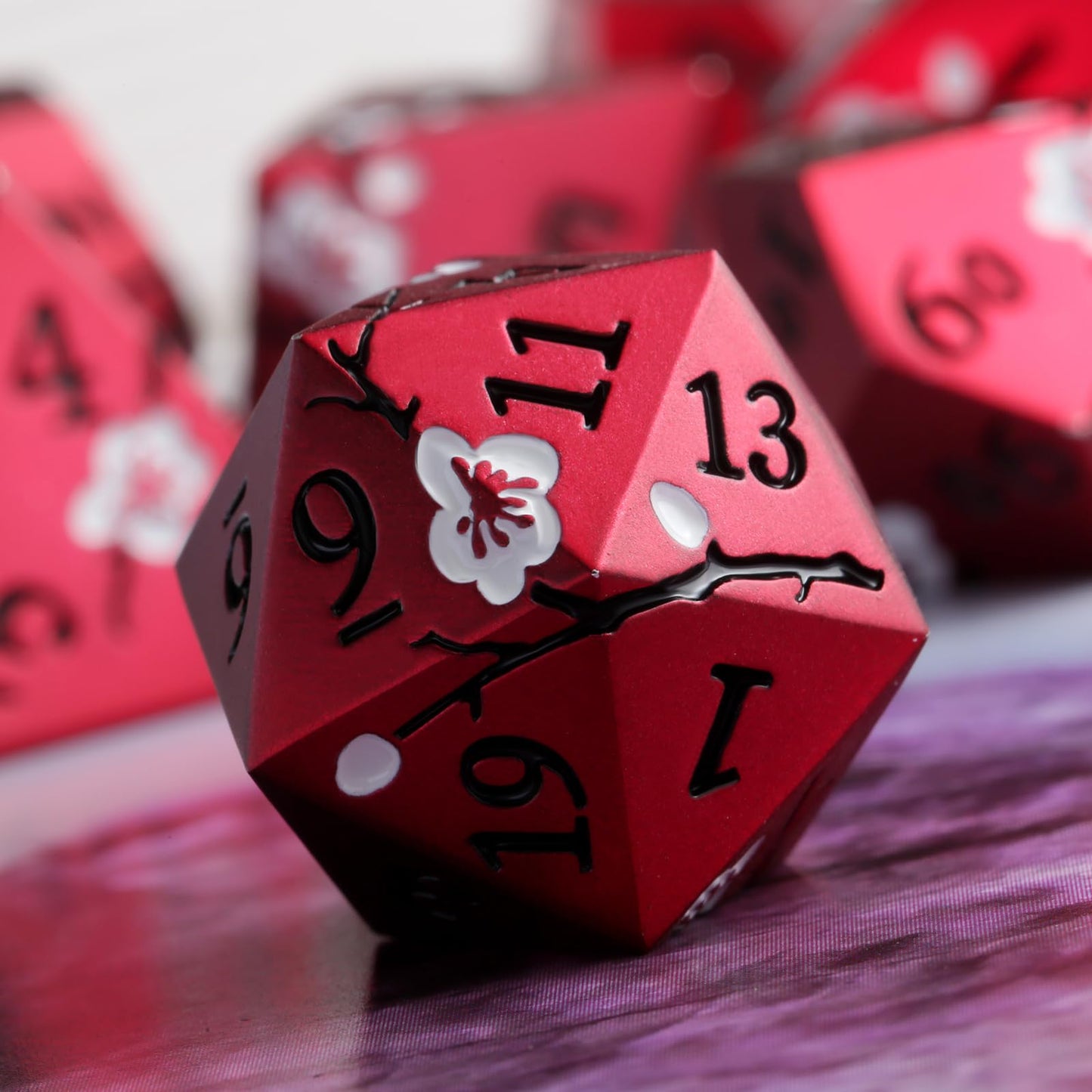 DNDND Matt Red Flower Metal Dice Set – 7-Piece Heavy D&D Dice with Gift Case