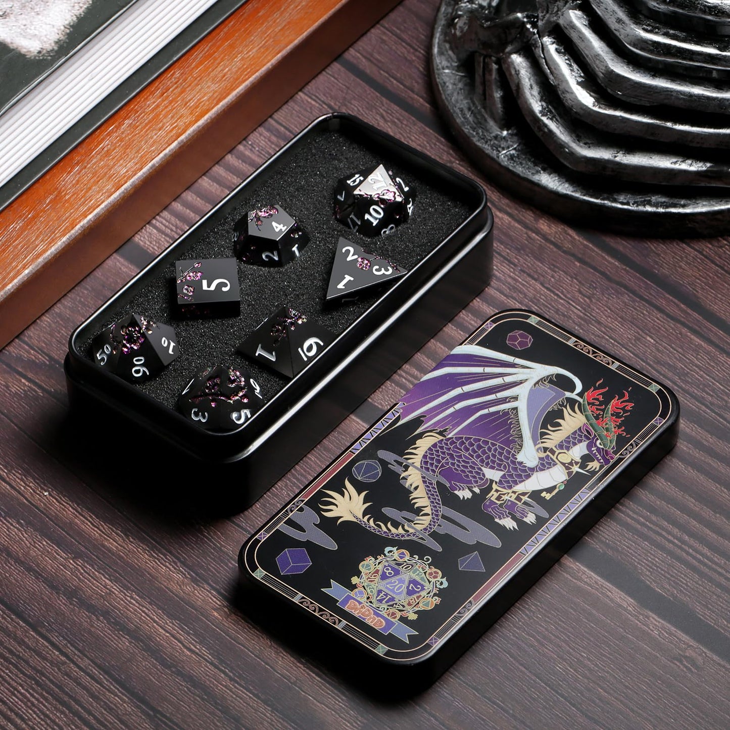 DNDND Glitter Purple Flower Metal D&D Dice Set – 7-Piece with Gift Case | Matte Black