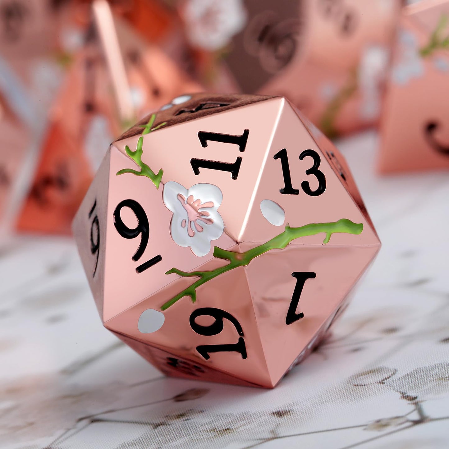 DNDND Flower Metal Dice Set – 7-Piece Gold & White D&D Dice with Gift Case
