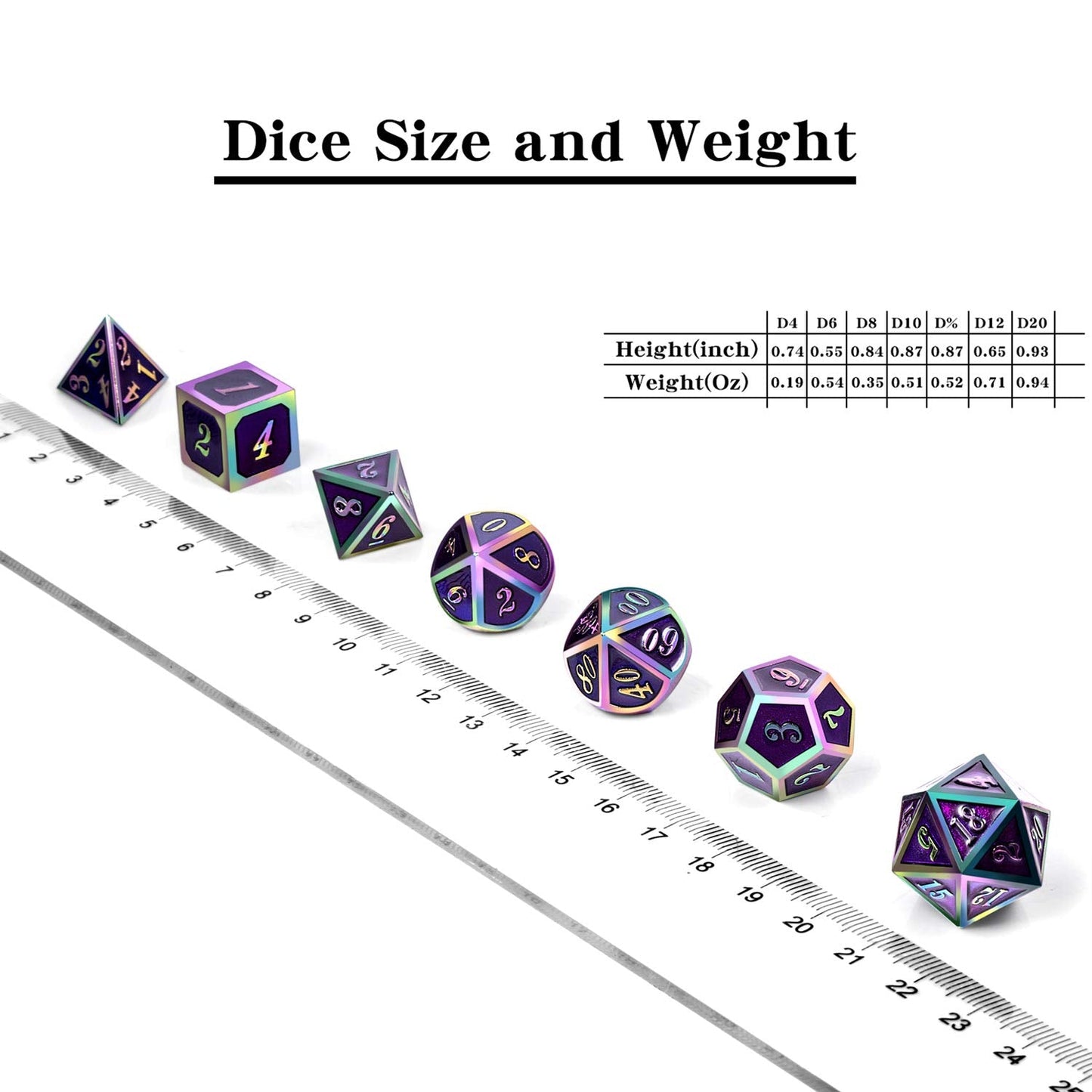 DNDND Purple Metal Dice Set – 7-Piece Enamel Polyhedral Dice with Tin