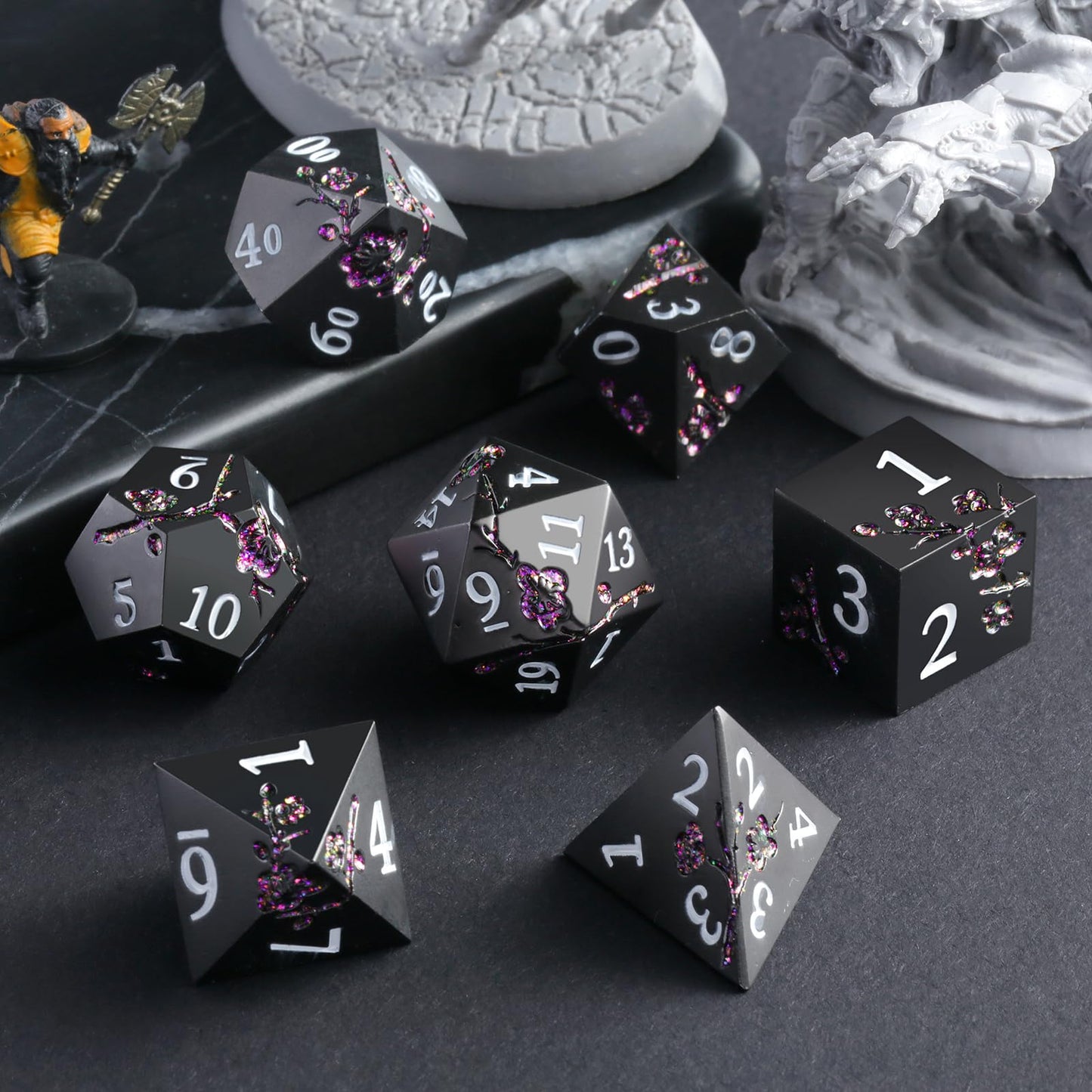 DNDND Glitter Purple Flower Metal D&D Dice Set – 7-Piece with Gift Case | Matte Black