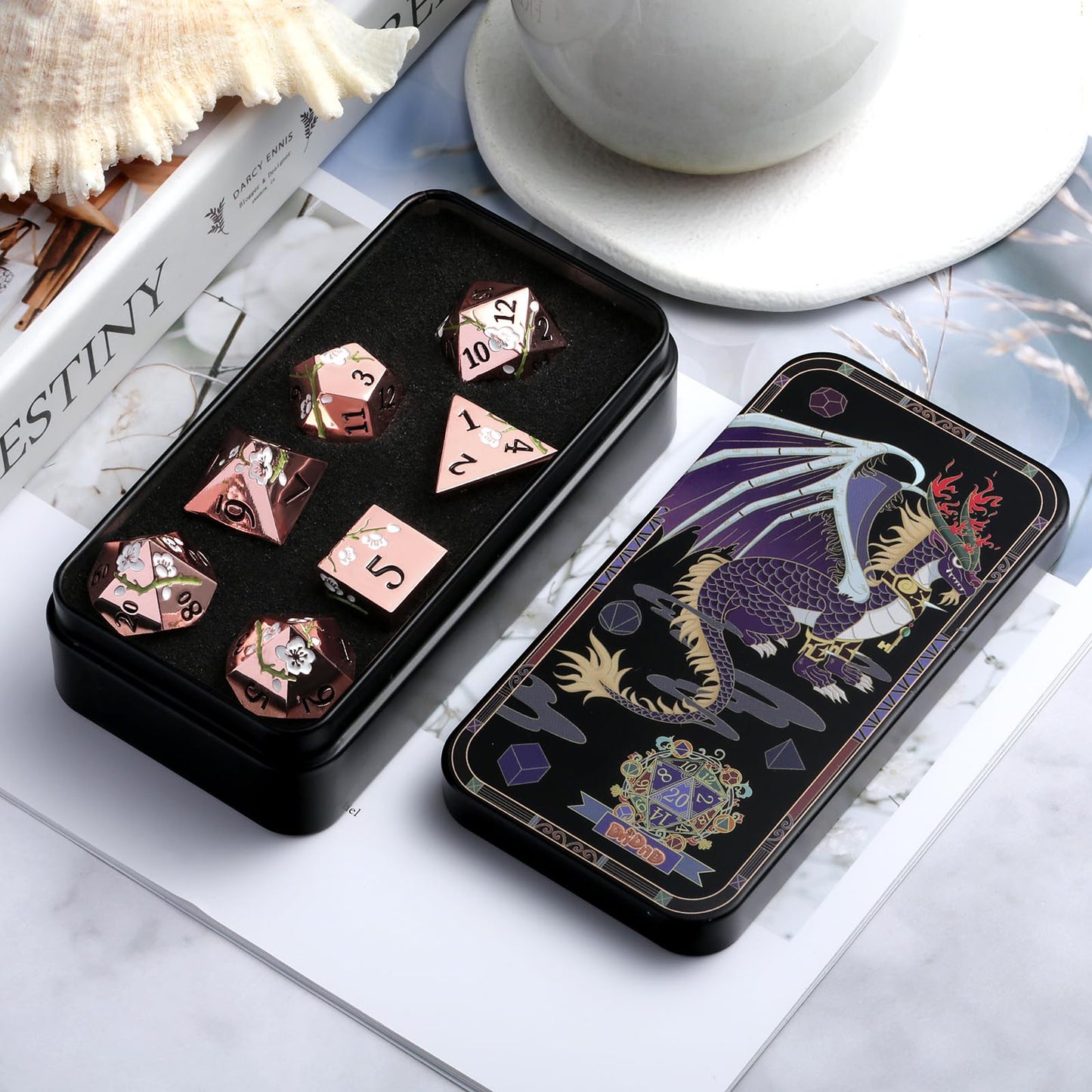 DNDND Flower Metal Dice Set – 7-Piece Gold & White D&D Dice with Gift Case