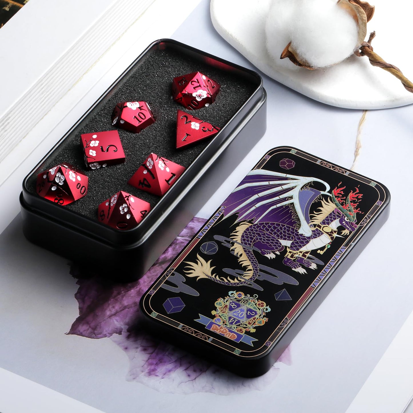 DNDND Matt Red Flower Metal Dice Set – 7-Piece Heavy D&D Dice with Gift Case