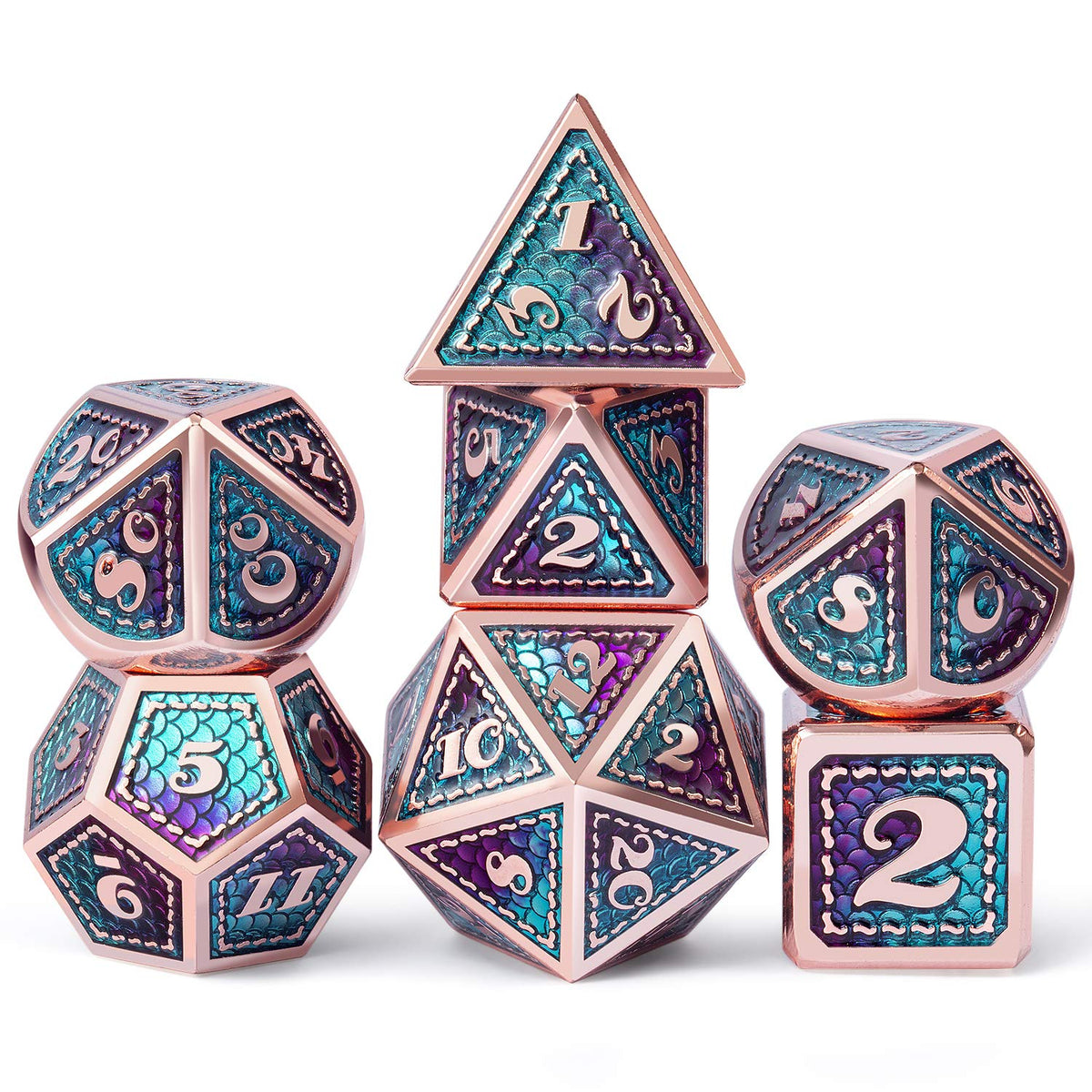 DNDND Dragon Scale Metal Dice Set – 7-Piece D&D Dice with Teal & Purple Copper Edge and Metal Case