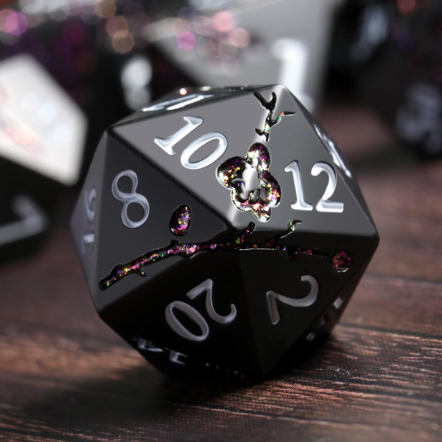 DNDND Glitter Purple Flower Metal D&D Dice Set – 7-Piece with Gift Case | Matte Black