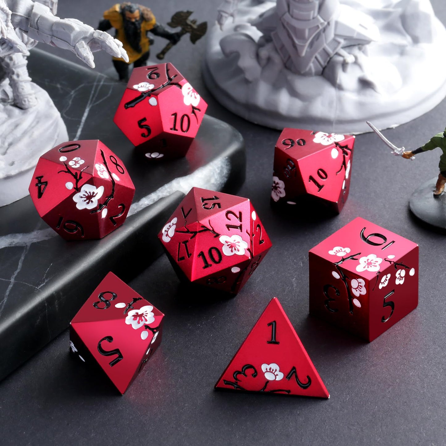 DNDND Matt Red Flower Metal Dice Set – 7-Piece Heavy D&D Dice with Gift Case