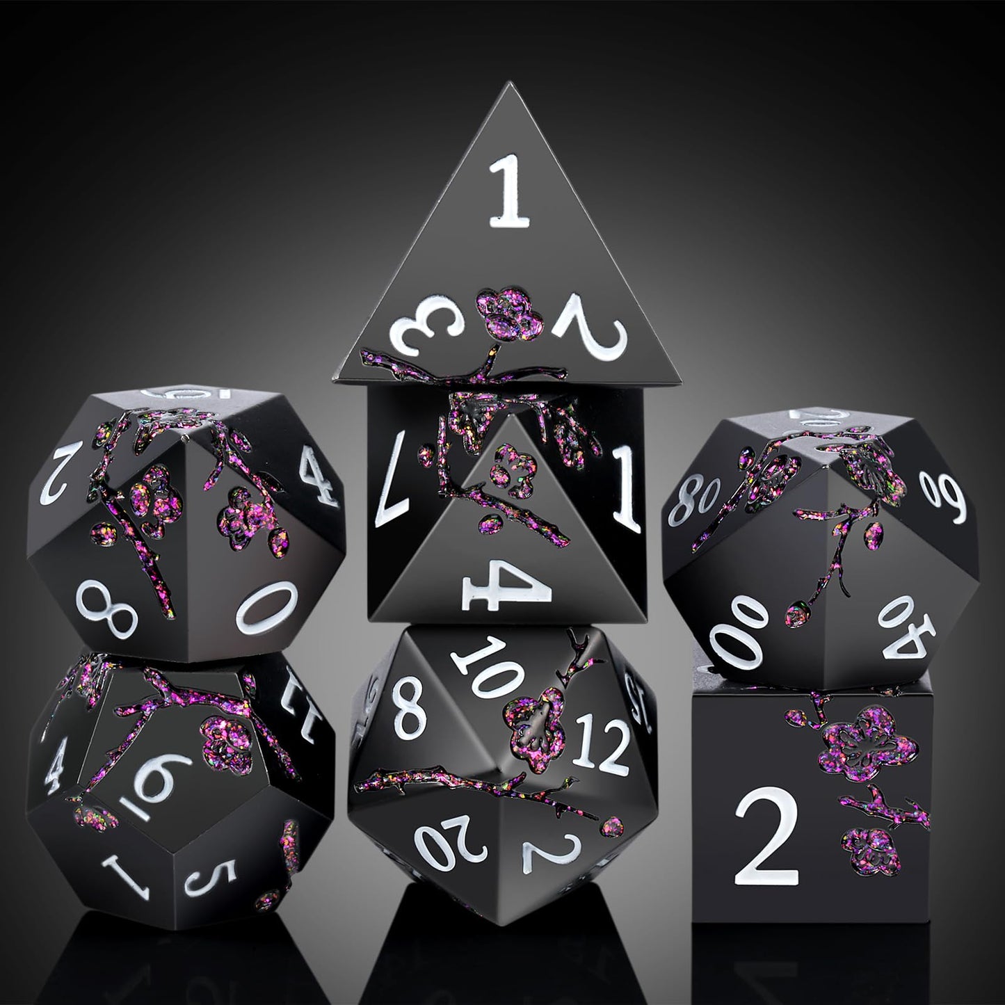 DNDND Glitter Purple Flower Metal D&D Dice Set – 7-Piece with Gift Case | Matte Black
