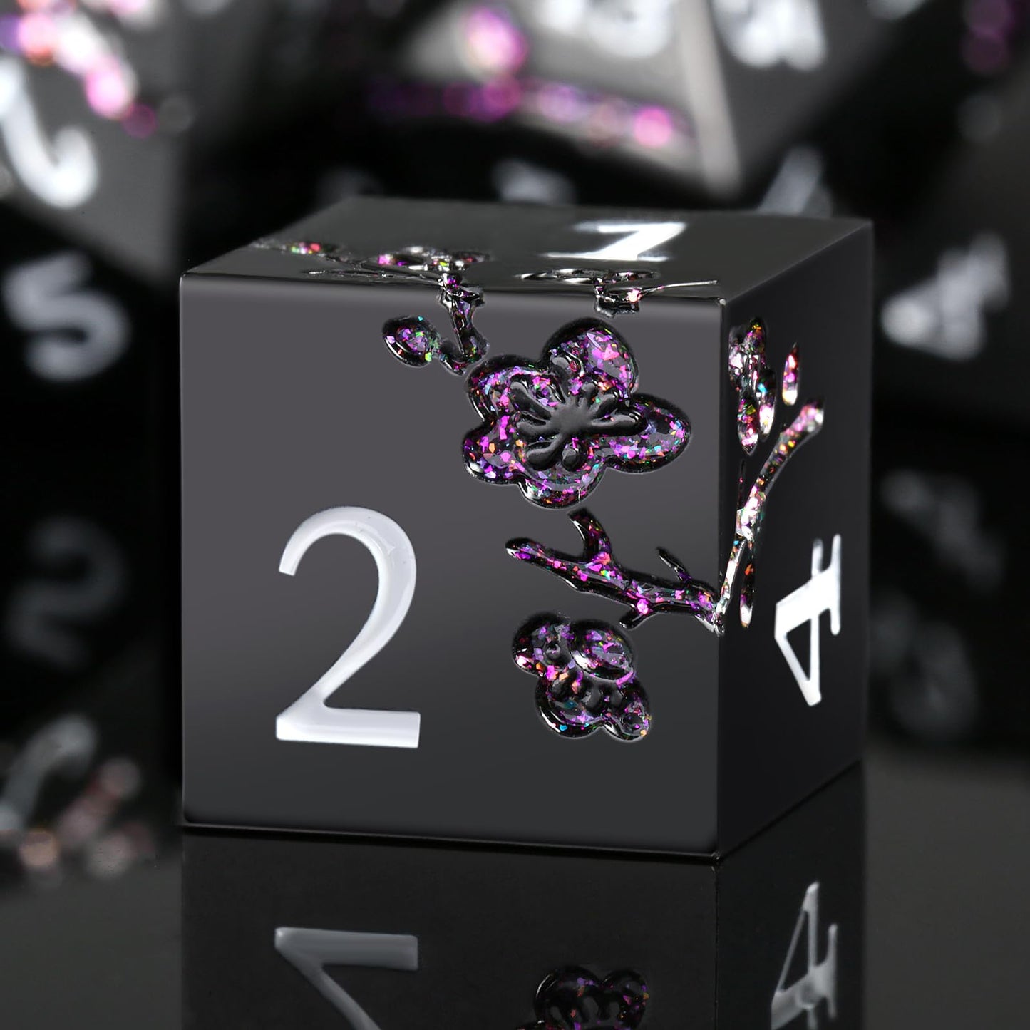 DNDND Glitter Purple Flower Metal D&D Dice Set – 7-Piece with Gift Case | Matte Black