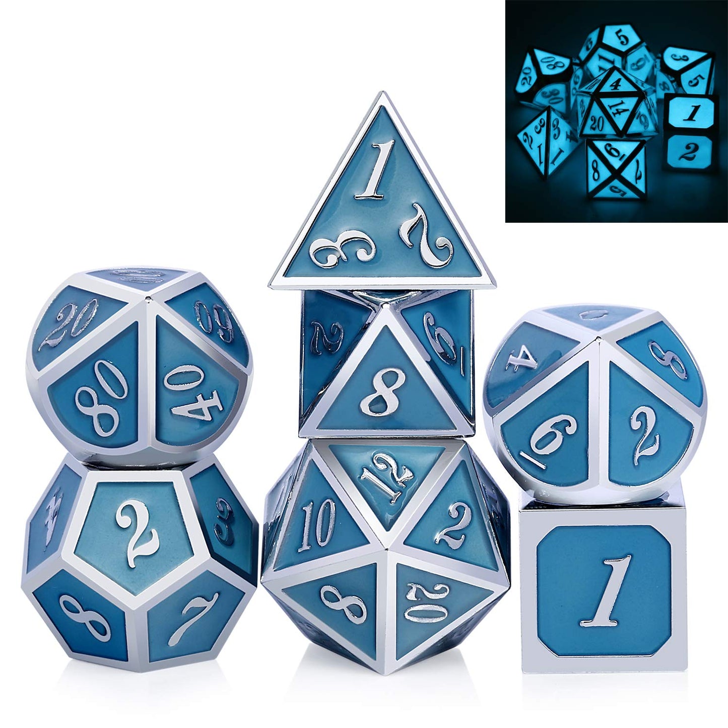 DNDND Glowing Blue Metal Dice Set – Heavy, Luminous RPG Dice for D&D & More