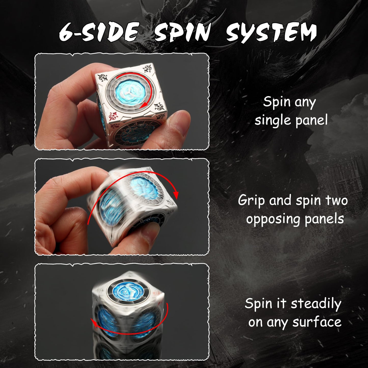 DNDND 7-in-1 Spinner Dice Cube – Goristro & Couatl Edition (Silver & Blue) | D&D Collector’s Set