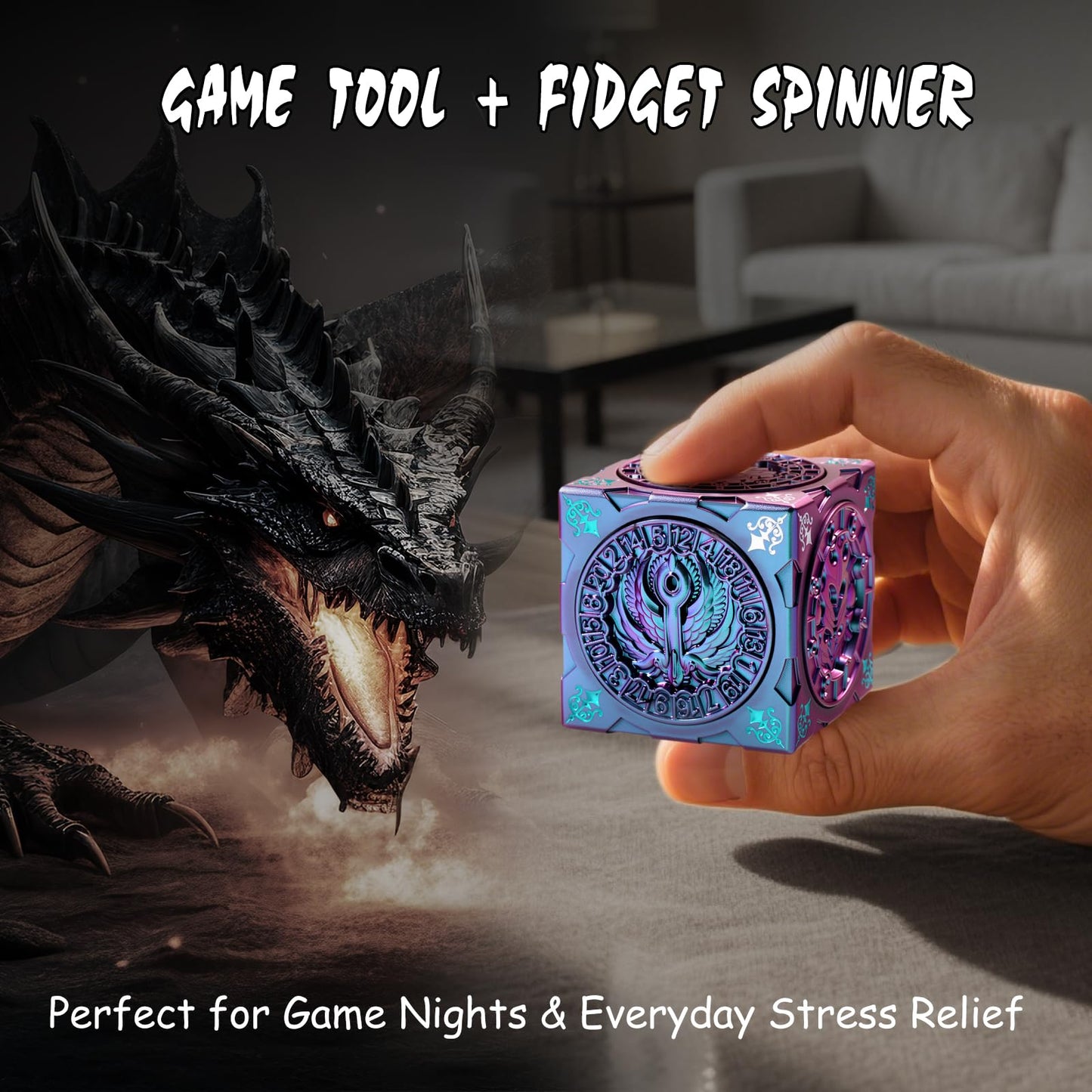 DNDND Purple-Blue Chameleon Spinner Dice – Color-Shifting Monster Cube for TTRPGs