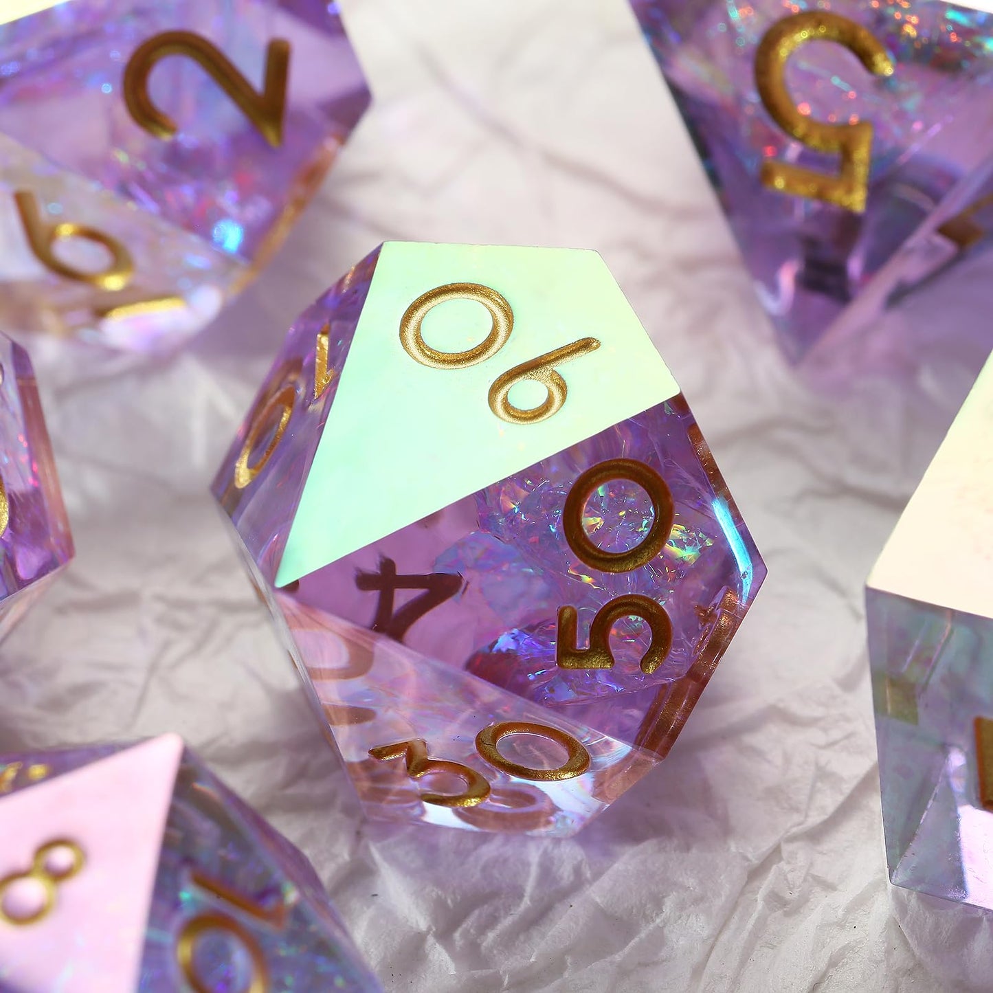 DNDND Iridescent Lilac Sharp Edge D&D Dice Set with Gift Case – Handmade Resin