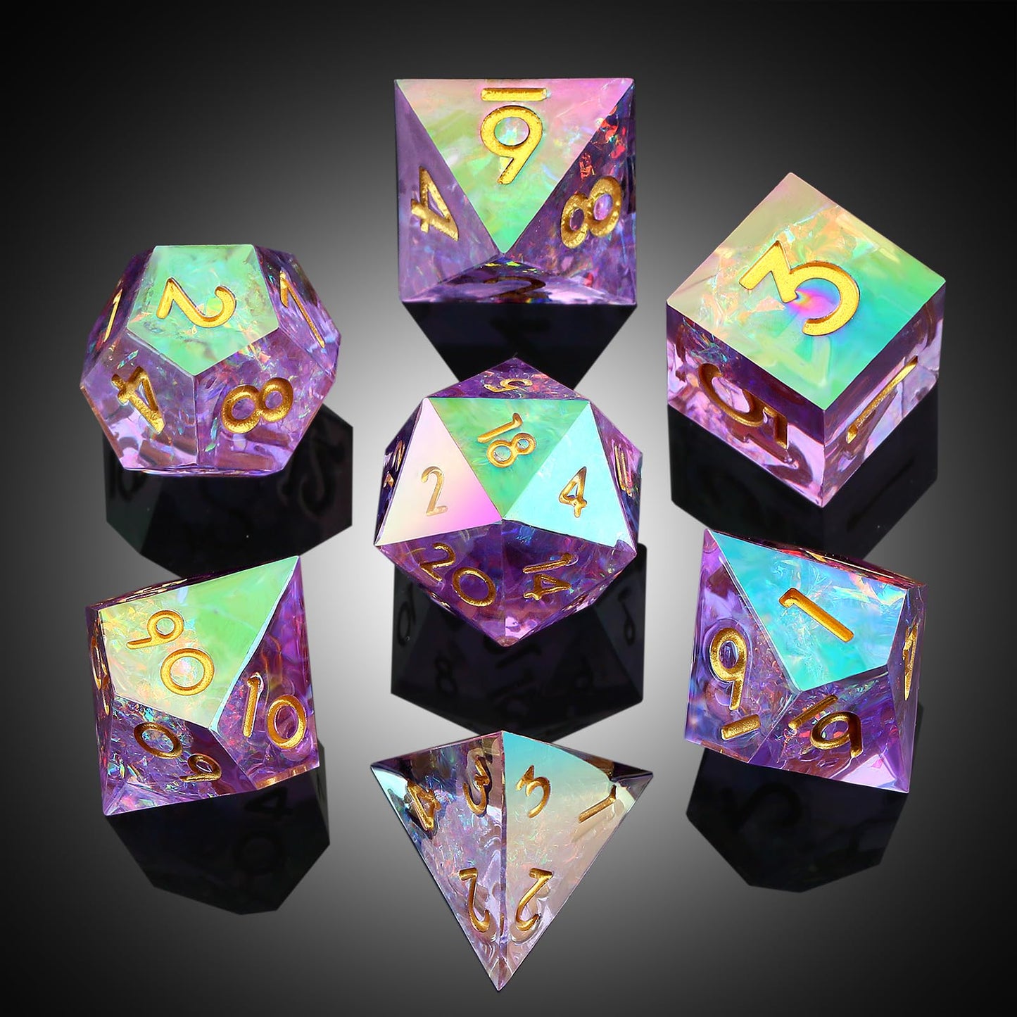 DNDND Iridescent Lilac Sharp Edge D&D Dice Set with Gift Case – Handmade Resin