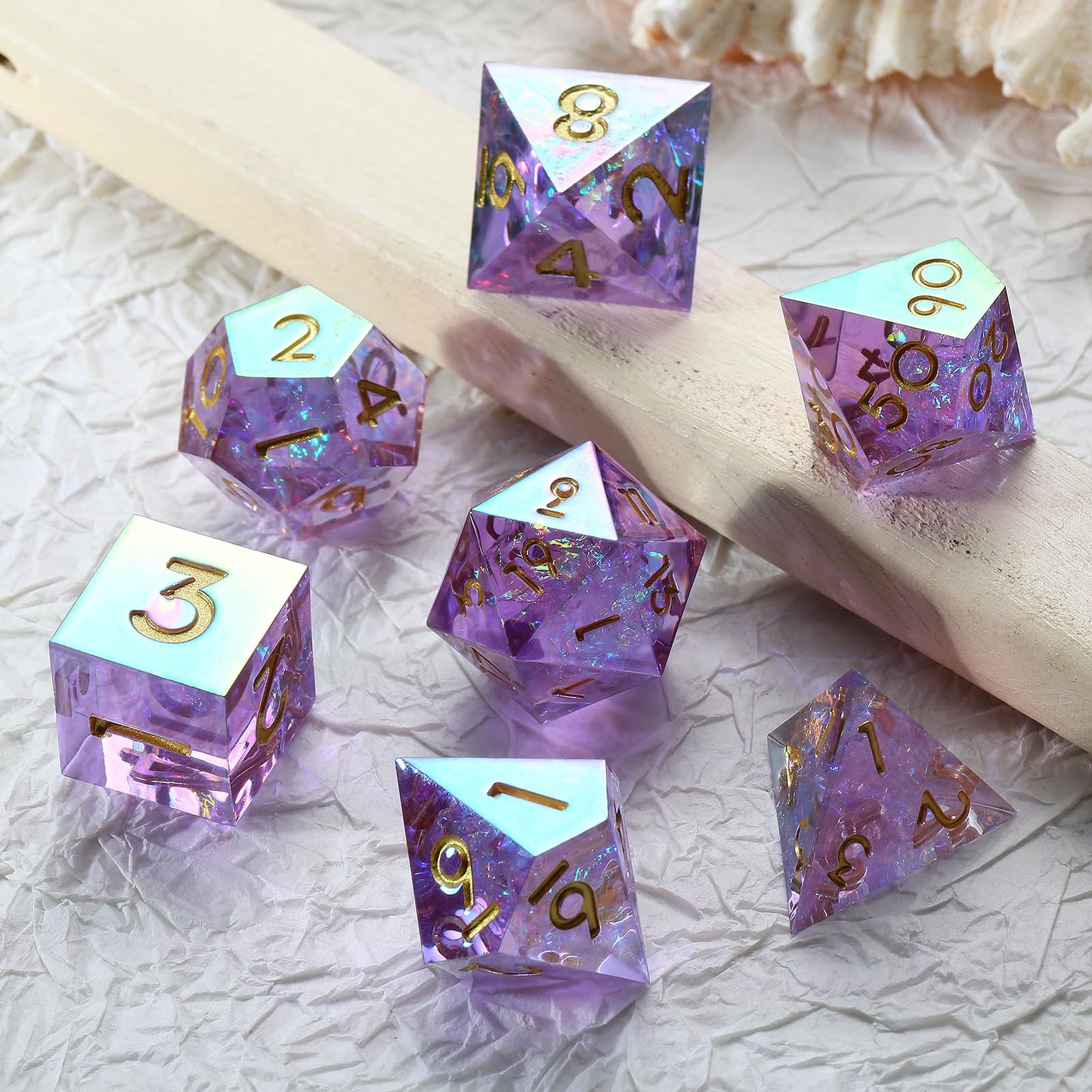 DNDND Iridescent Lilac Sharp Edge D&D Dice Set with Gift Case – Handmade Resin
