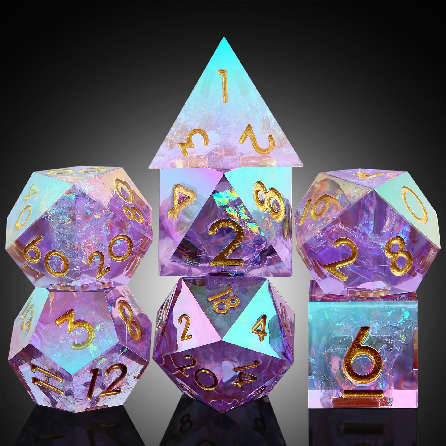 DNDND Iridescent Lilac Sharp Edge D&D Dice Set with Gift Case – Handmade Resin