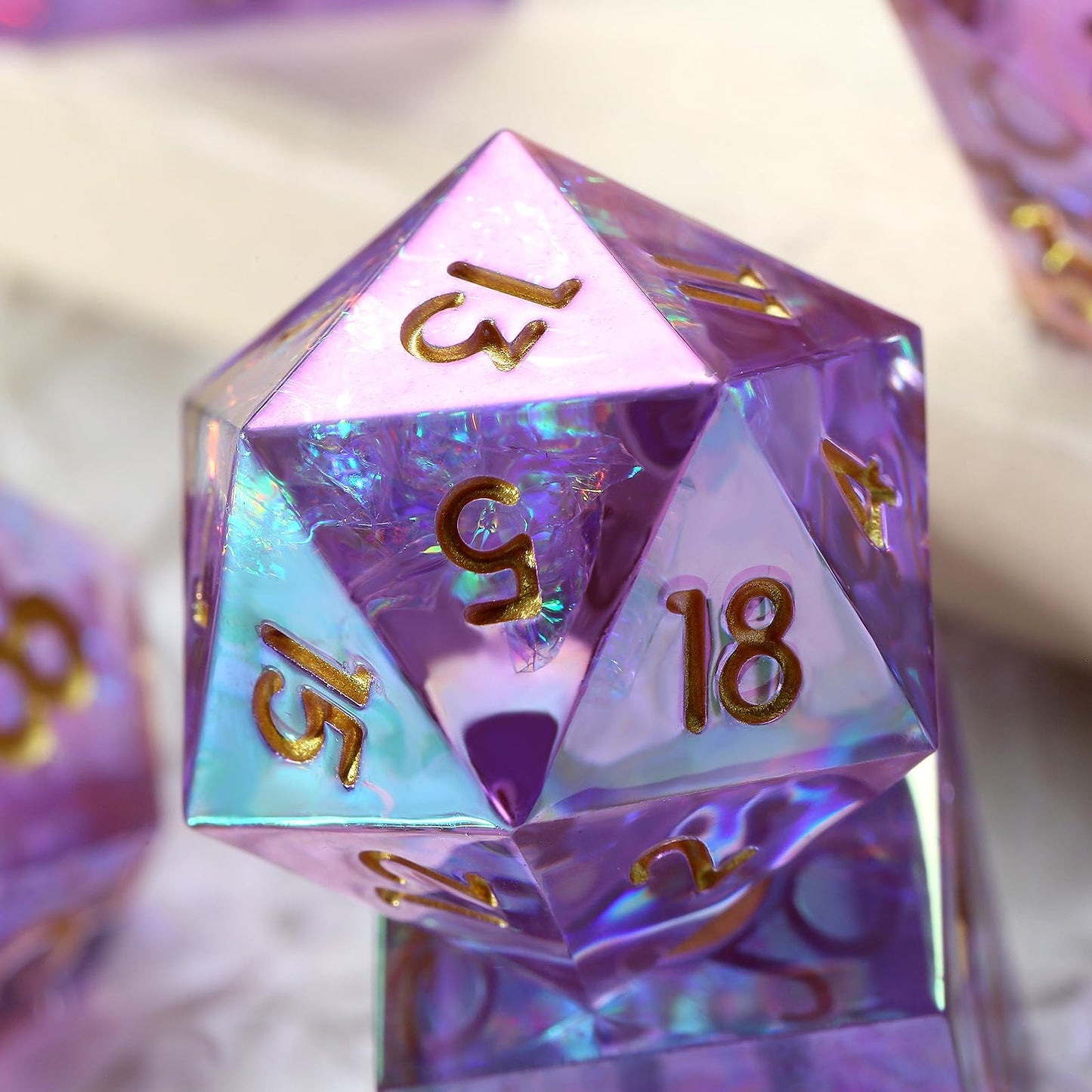 DNDND Iridescent Lilac Sharp Edge D&D Dice Set with Gift Case – Handmade Resin