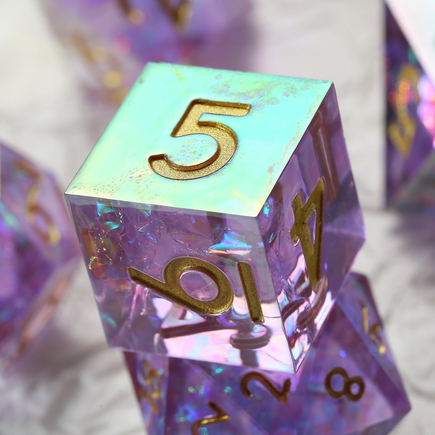 DNDND Iridescent Lilac Sharp Edge D&D Dice Set with Gift Case – Handmade Resin